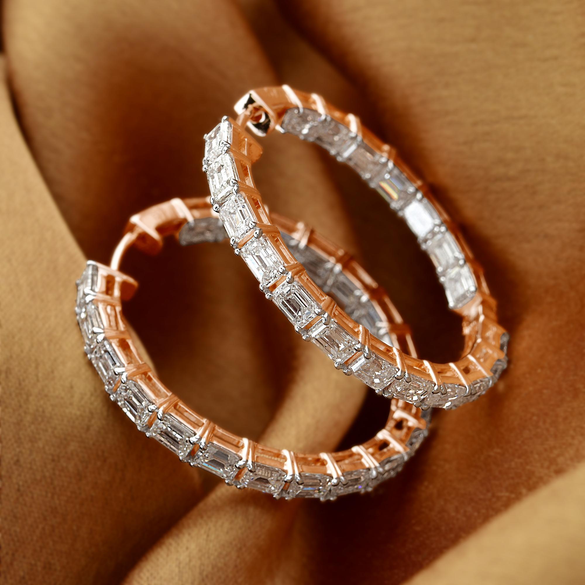 Taille émeraude Créoles en or rose 18 carats avec diamants taille émeraude 5,75 carats SI/HI en vente
