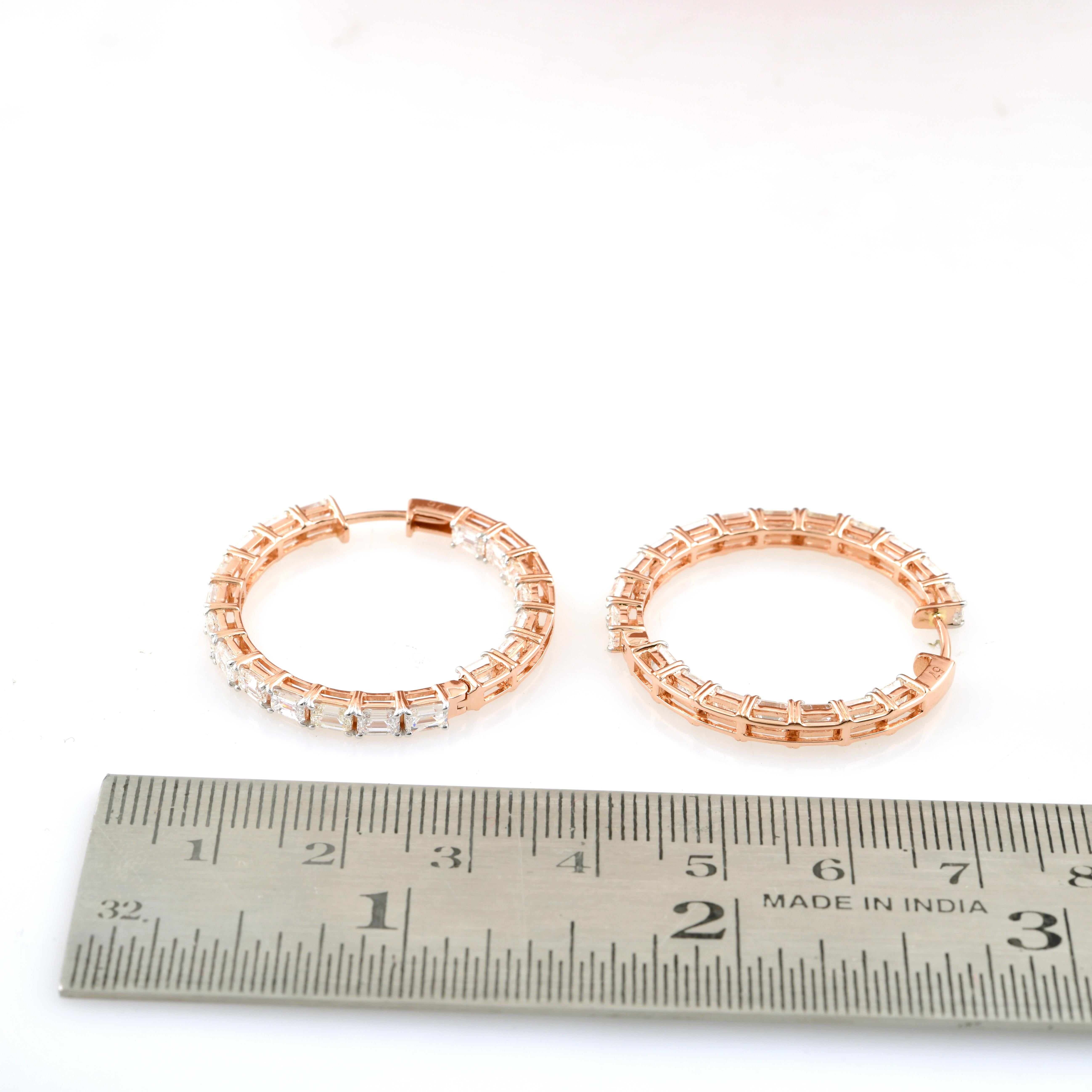 Modern 5.75 Carat SI/HI Emerald Cut Diamond Hoop Earrings 18 Karat Rose Gold Jewelry For Sale