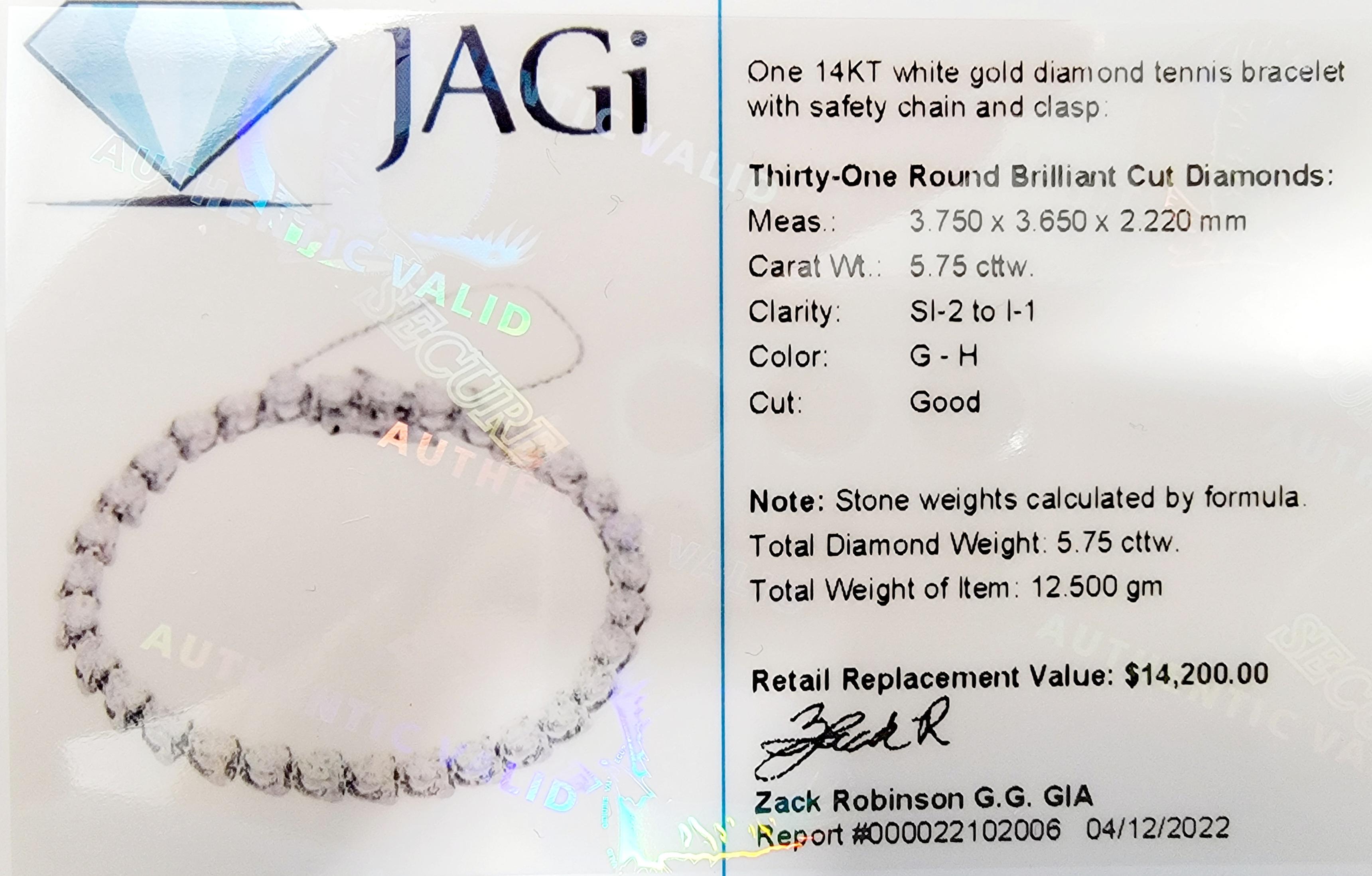 Bracciale tennis con diamanti tondi e brillanti da 5,75 carati totali in oro bianco 14 carati in vendita 4