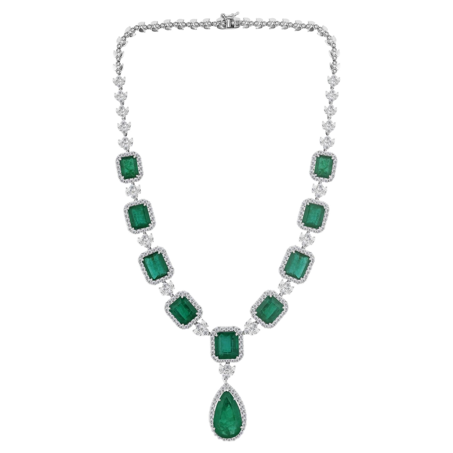 57.5 Carat Zambian Emerald 11.27 Carat SI/H Diamond Necklace 18 Karat White Gold