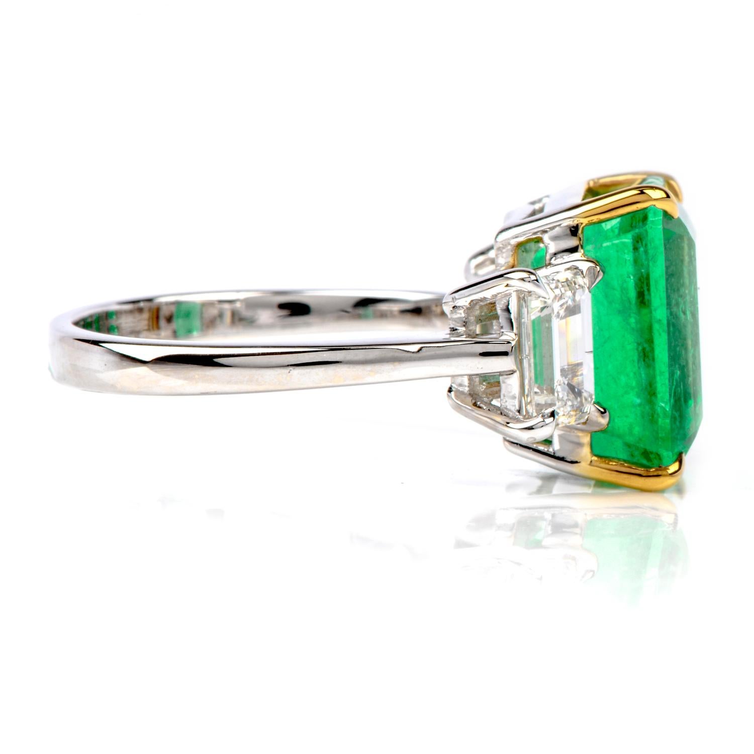 Emerald Cut  5.75 Carat Colombian Emerald and Diamond 18 Karat White Gold Three-Stone Ring