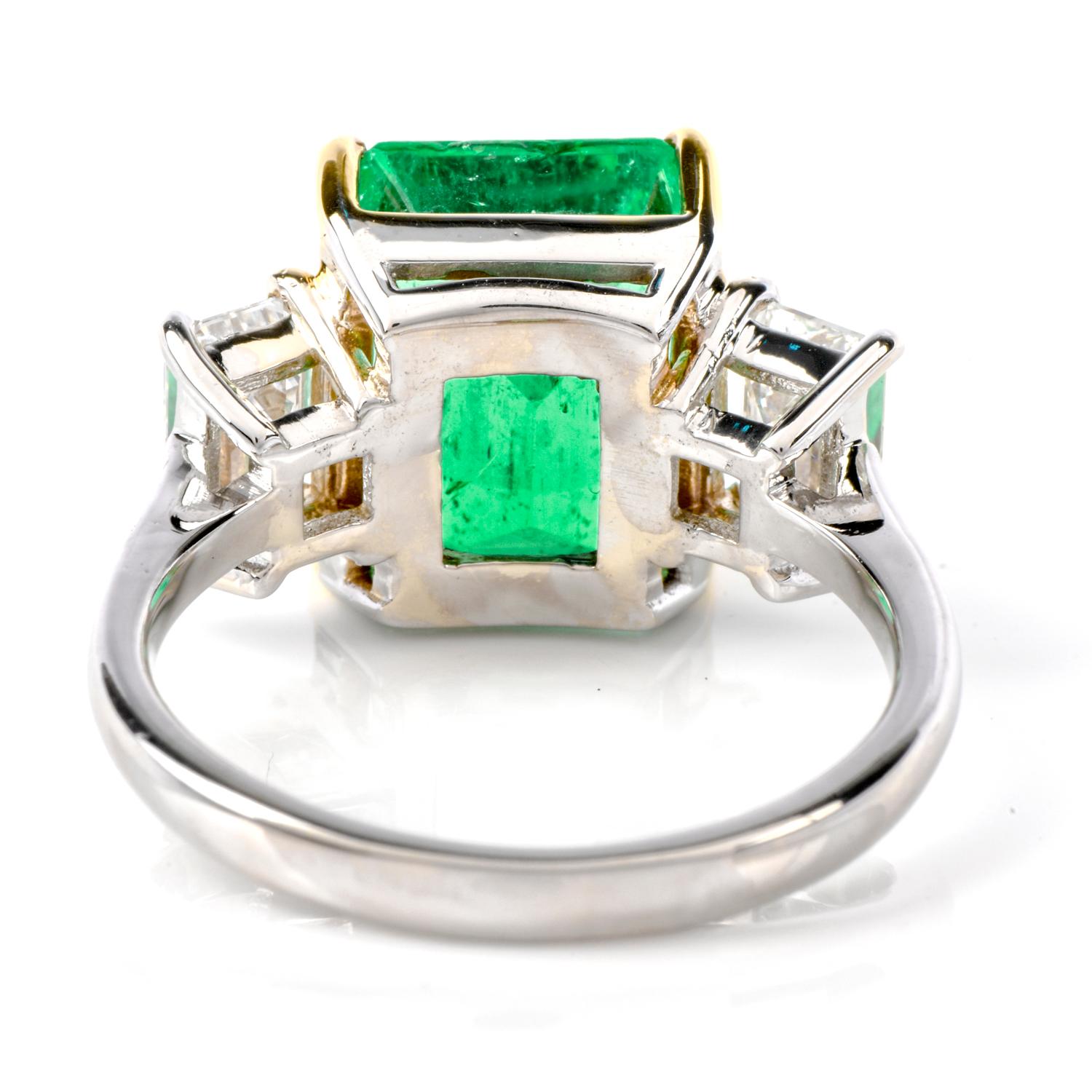  5.75 Carat Colombian Emerald and Diamond 18 Karat White Gold Three-Stone Ring In Excellent Condition In Miami, FL