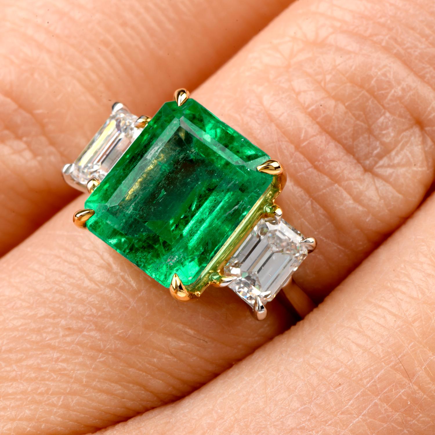  5.75 Carat Colombian Emerald and Diamond 18 Karat White Gold Three-Stone Ring 1