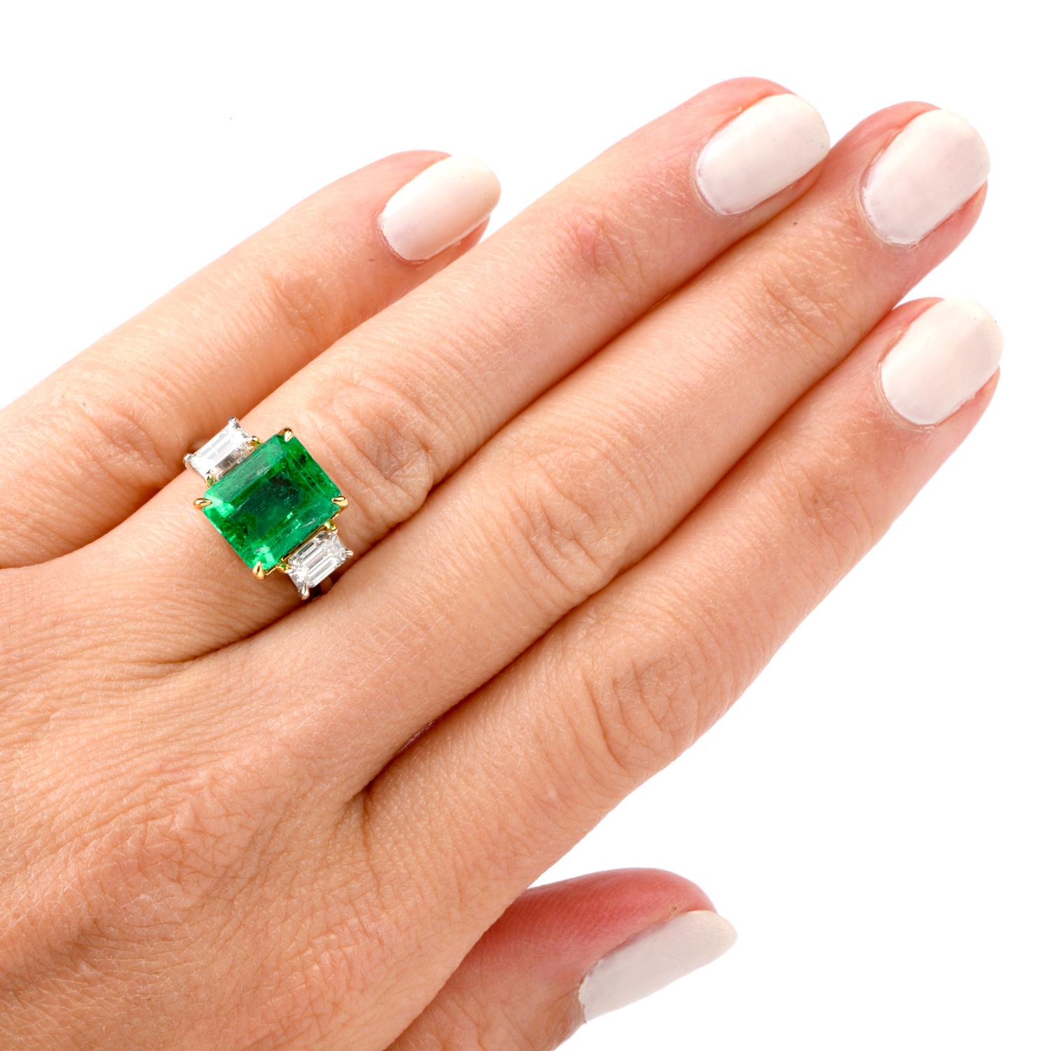  5.75 Carat Colombian Emerald and Diamond 18 Karat White Gold Three-Stone Ring 2