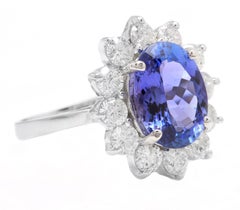 5.75 Carats Natural Tanzanite and Diamond 18k Solid White Gold Ring