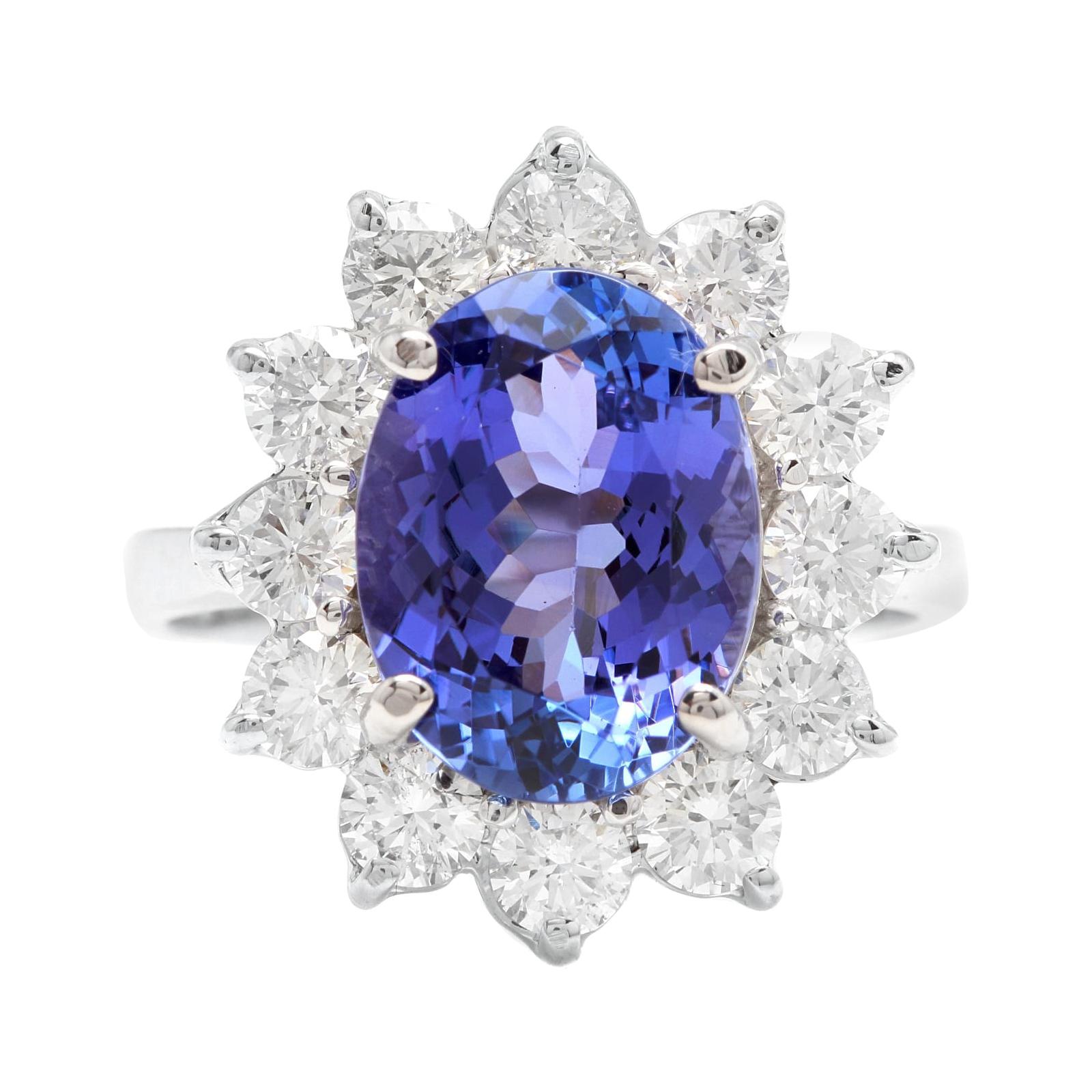 5.75 Carats Natural Tanzanite and Diamond 18k Solid White Gold Ring For Sale