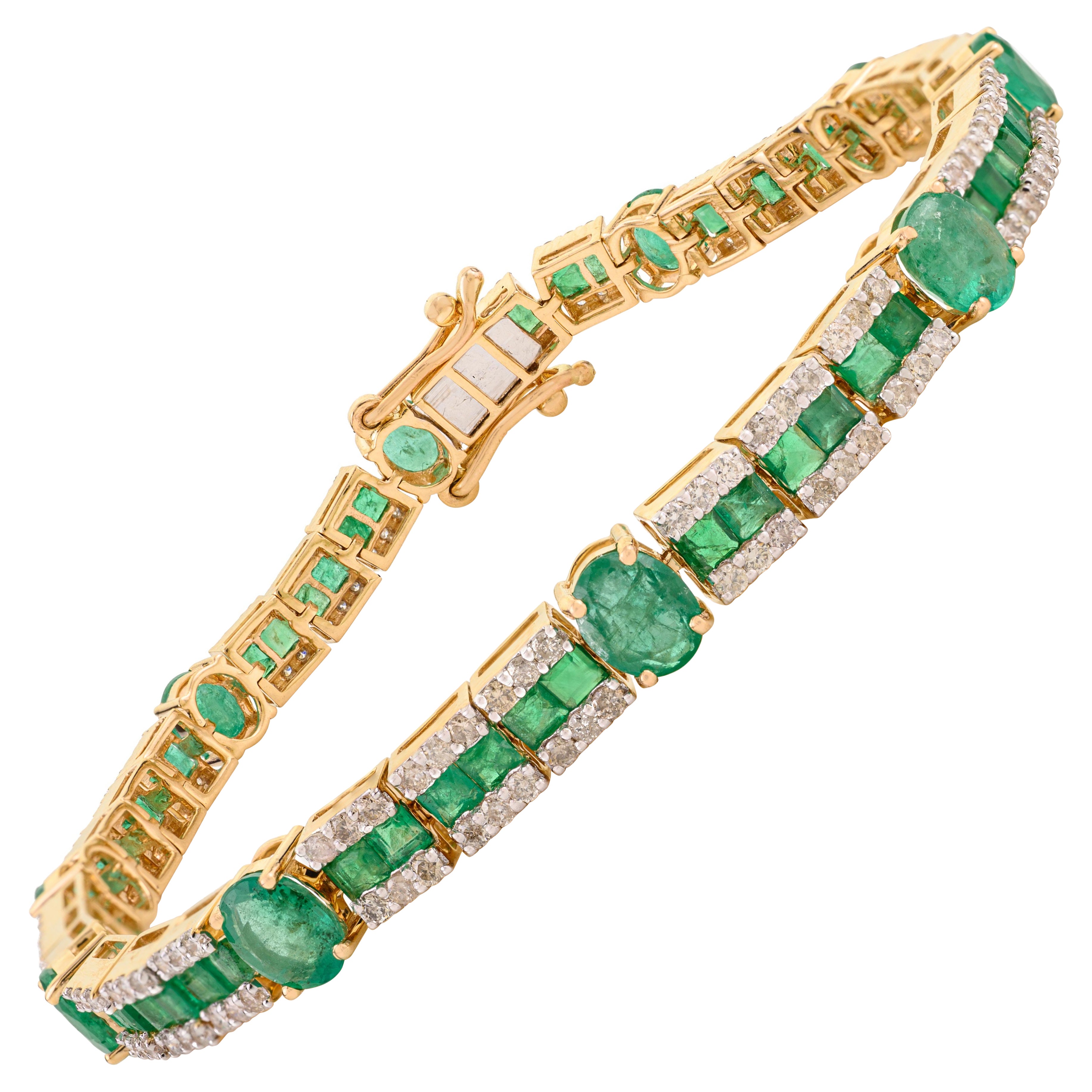 Bracelet de tennis en or jaune 18K avec émeraude naturelle de 5,75 ct et diamant de 1,45 ct