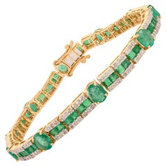 5.75 Ct Natural Emerald & 1.45 Ct Diamond Tennis Bracelet in 18K Yellow Gold 5.75 Ct Natural Emerald & 1.45 Ct Diamond Tennis Bracelet in 18K Yellow Gold