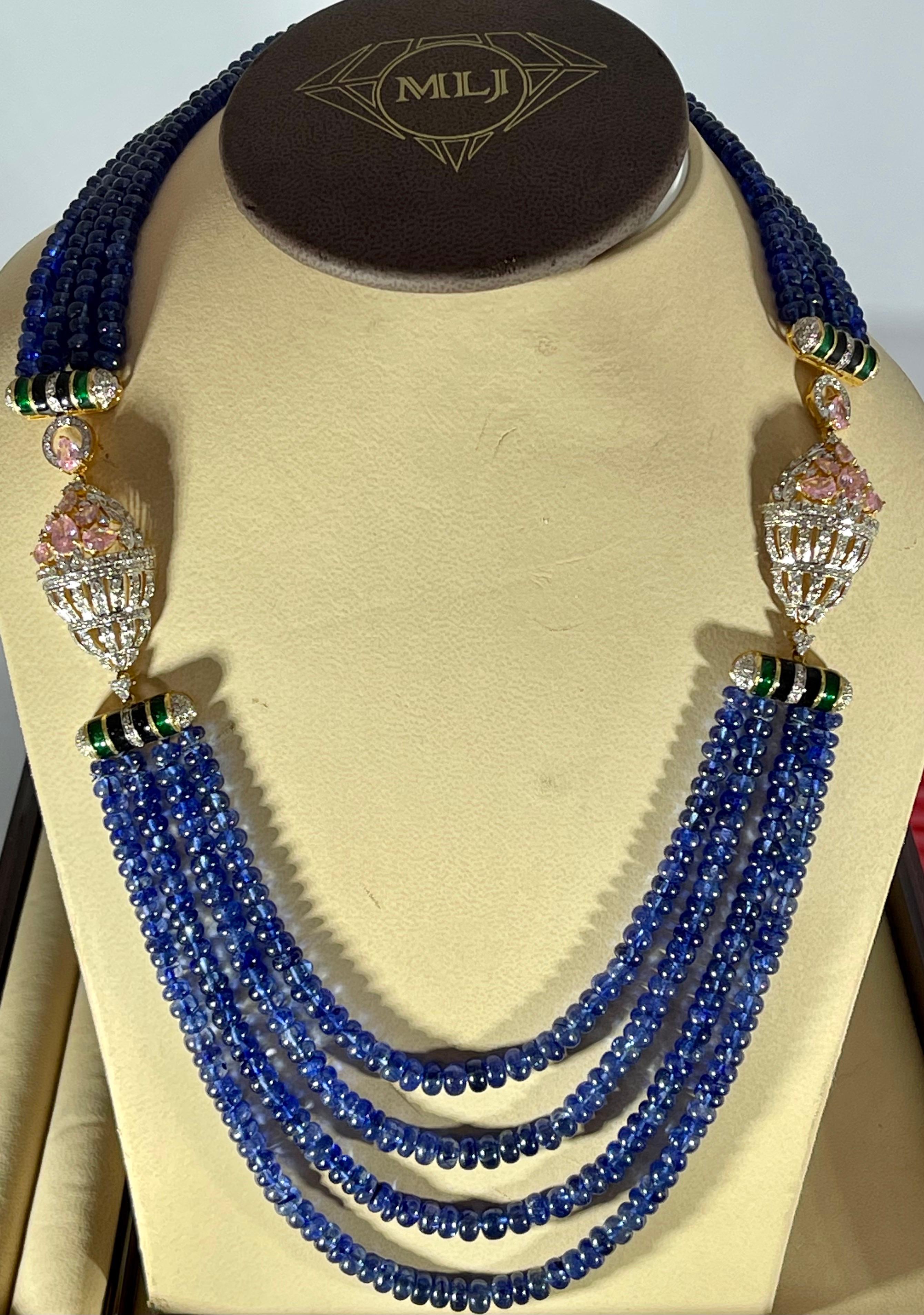 Collier à quatre rangs de perles de tanzanite naturelle 575 carats + diamants 6,5 carats en or 14 carats en vente 5
