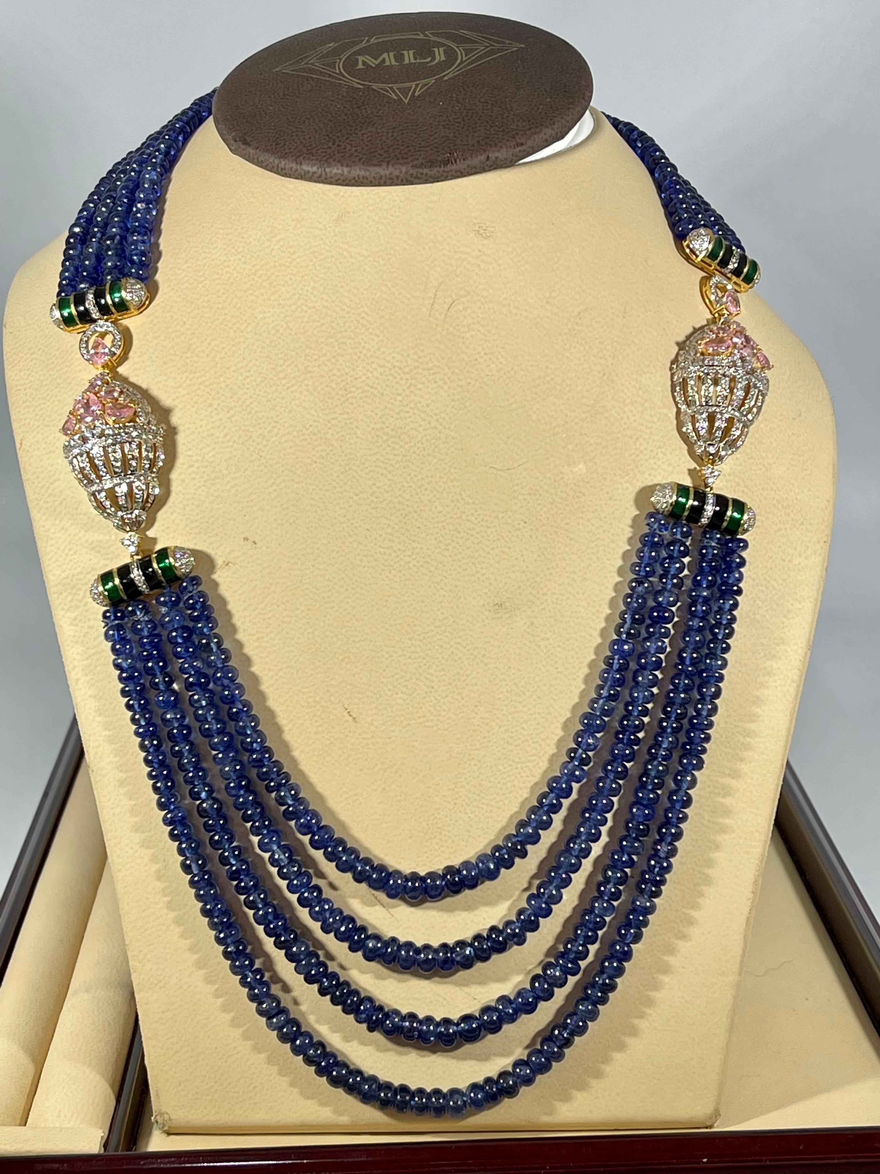 Collier à quatre rangs de perles de tanzanite naturelle 575 carats + diamants 6,5 carats en or 14 carats en vente 7