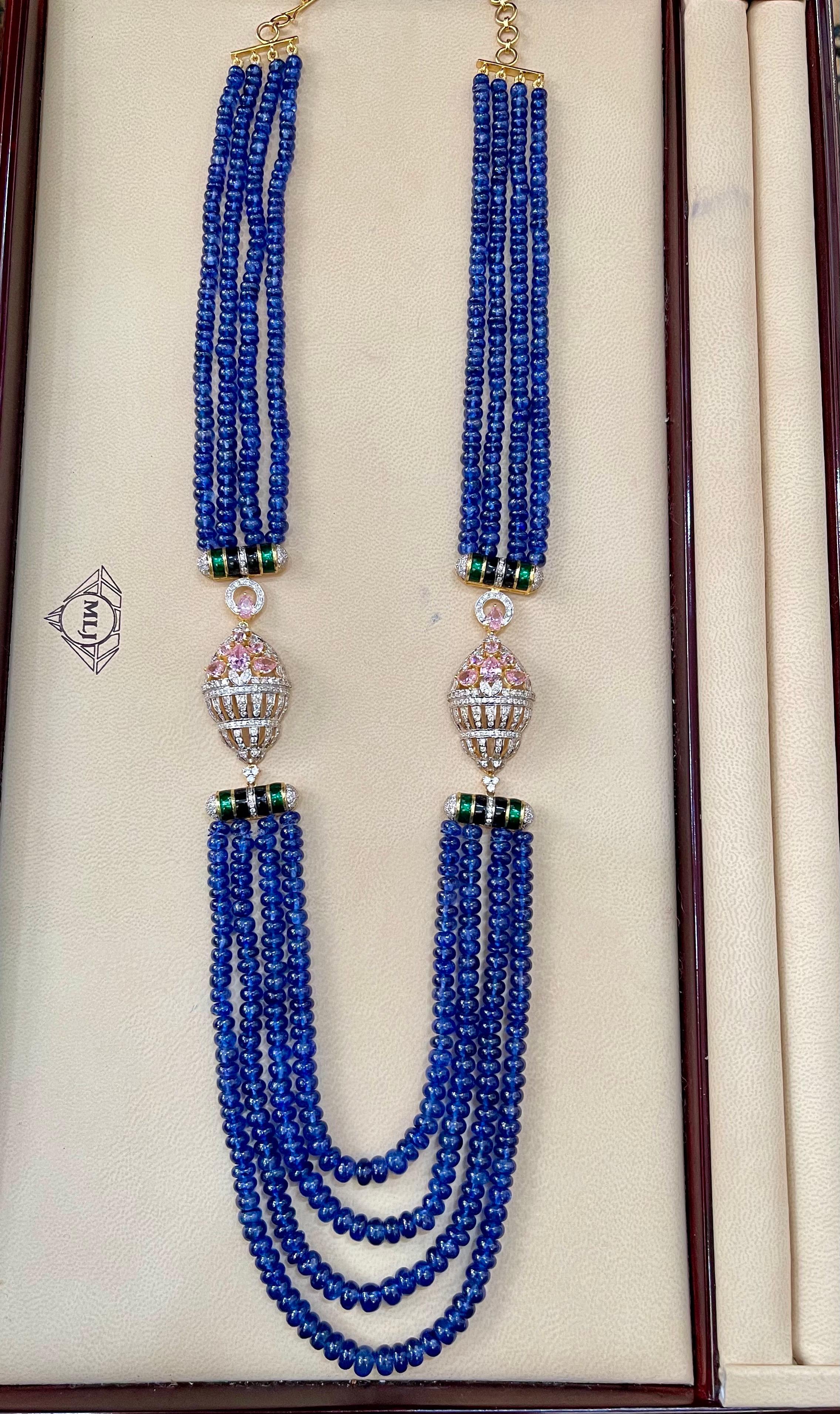 Collier à quatre rangs de perles de tanzanite naturelle 575 carats + diamants 6,5 carats en or 14 carats en vente 9