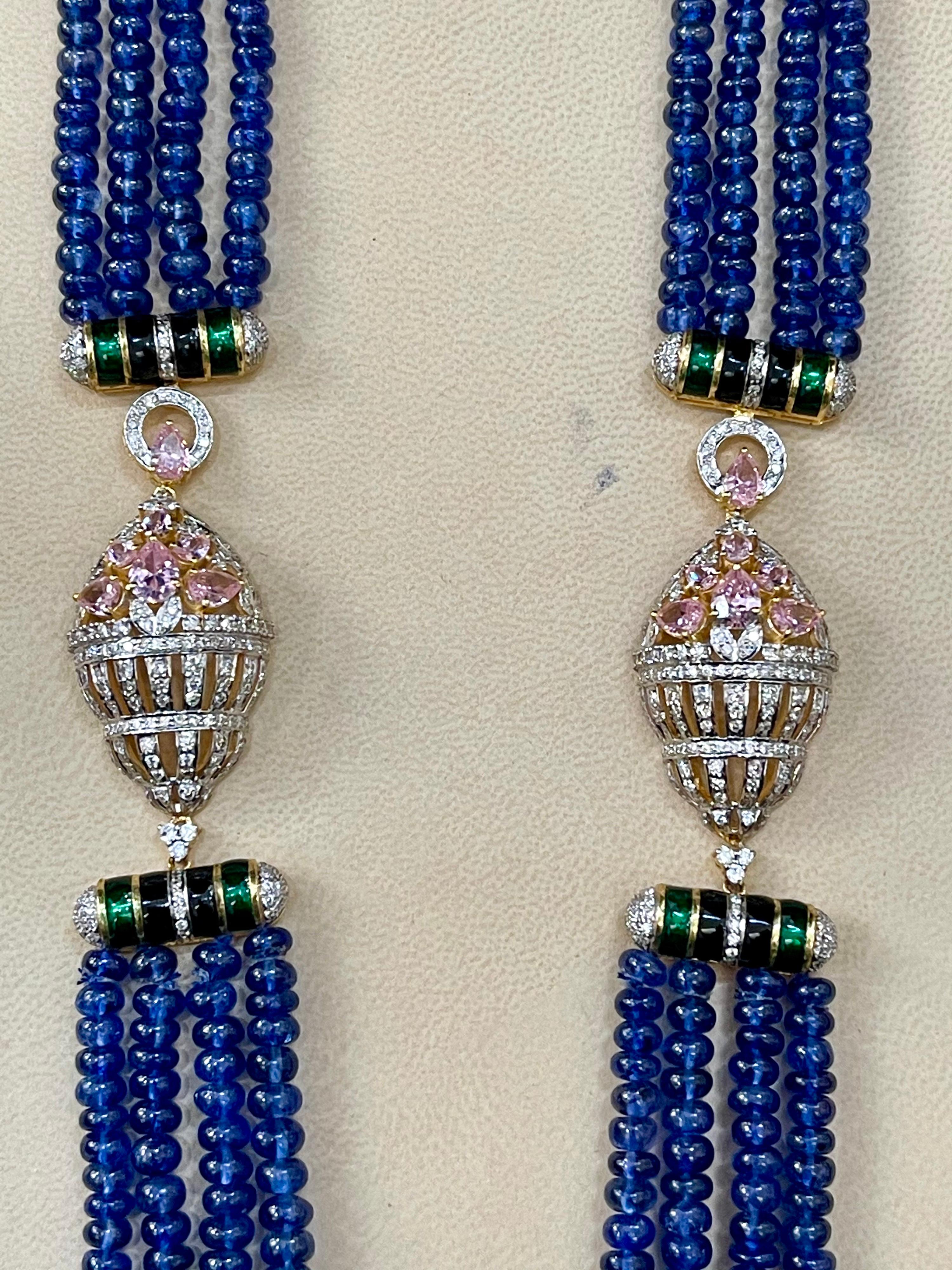 575 Ct Natural Tanzanite Bead Four Strand Necklace + 6.5 Ct Diamond 14 K Y Gold In Excellent Condition For Sale In New York, NY