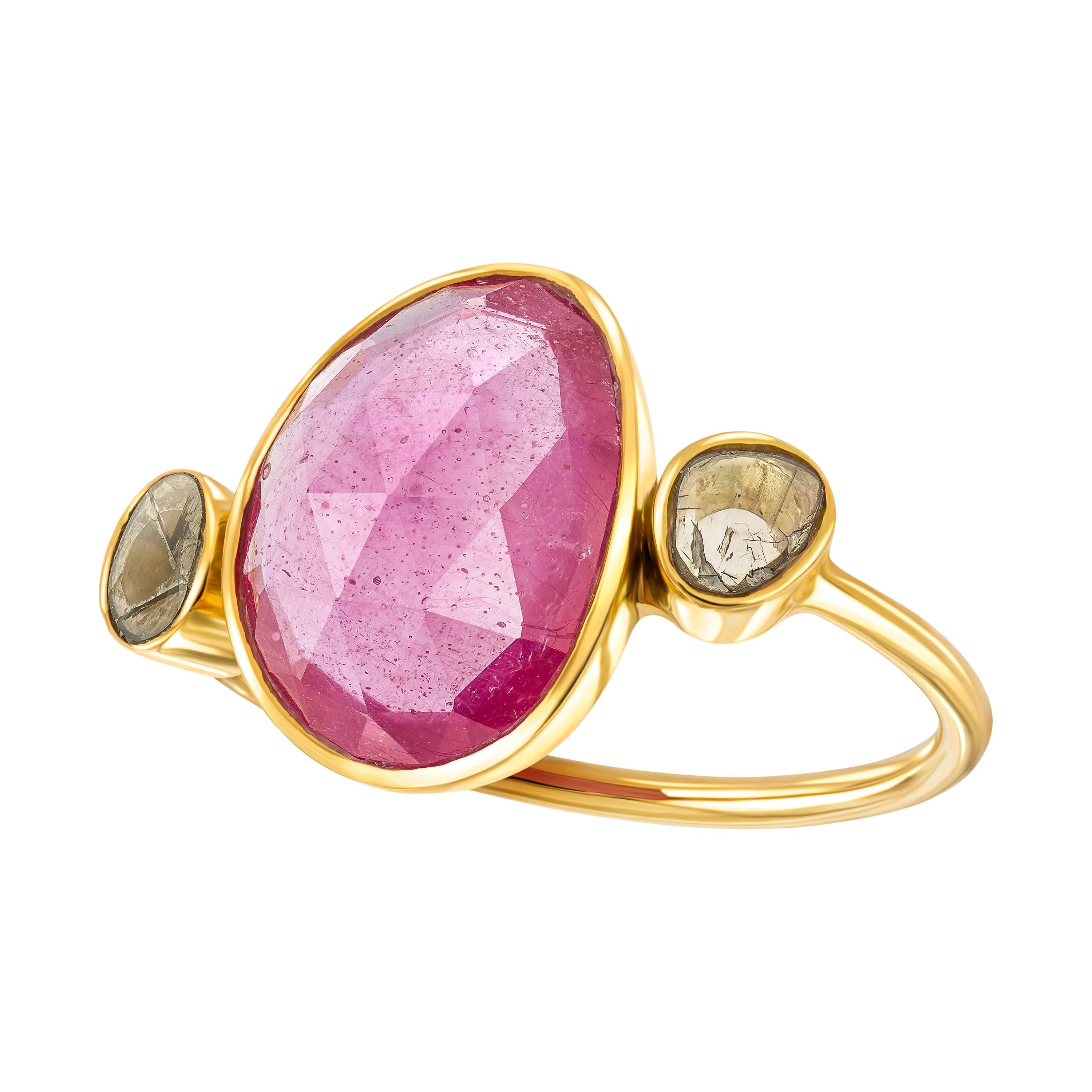 5.75 CT Rose Cut Ruby Diamond  18 KT Yellow Gold Artisan Collection Ring 