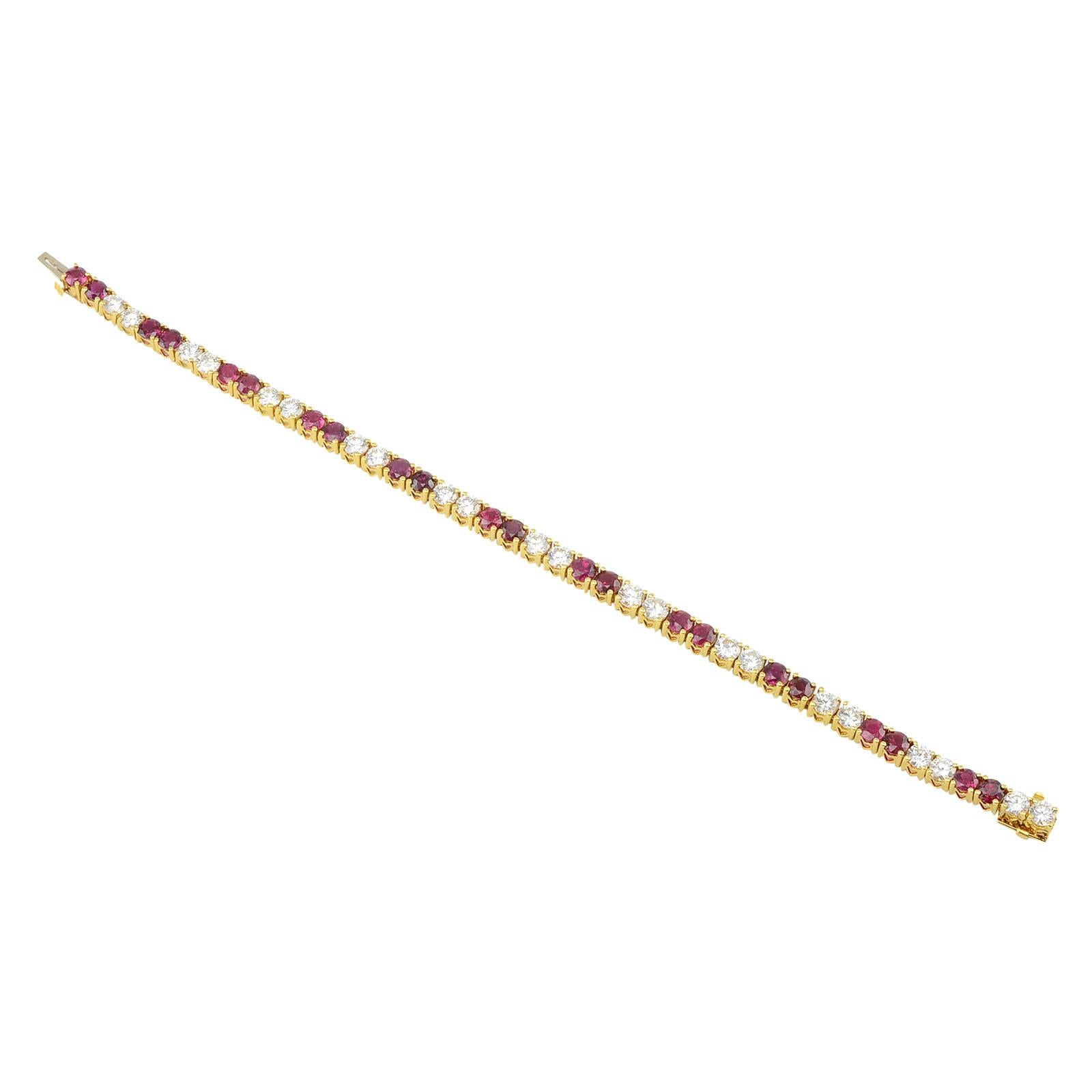 Estate 18K yellow gold 5.75 CTW ruby and 5.50 CTW diamond tennis bracelet. This ruby diamond bracelet has 22 round brilliant diamonds at 5.50 carat total weight VS1-SI1 clarity F-H color and 22 round rubies at 5.75 carat total weight set in a heart