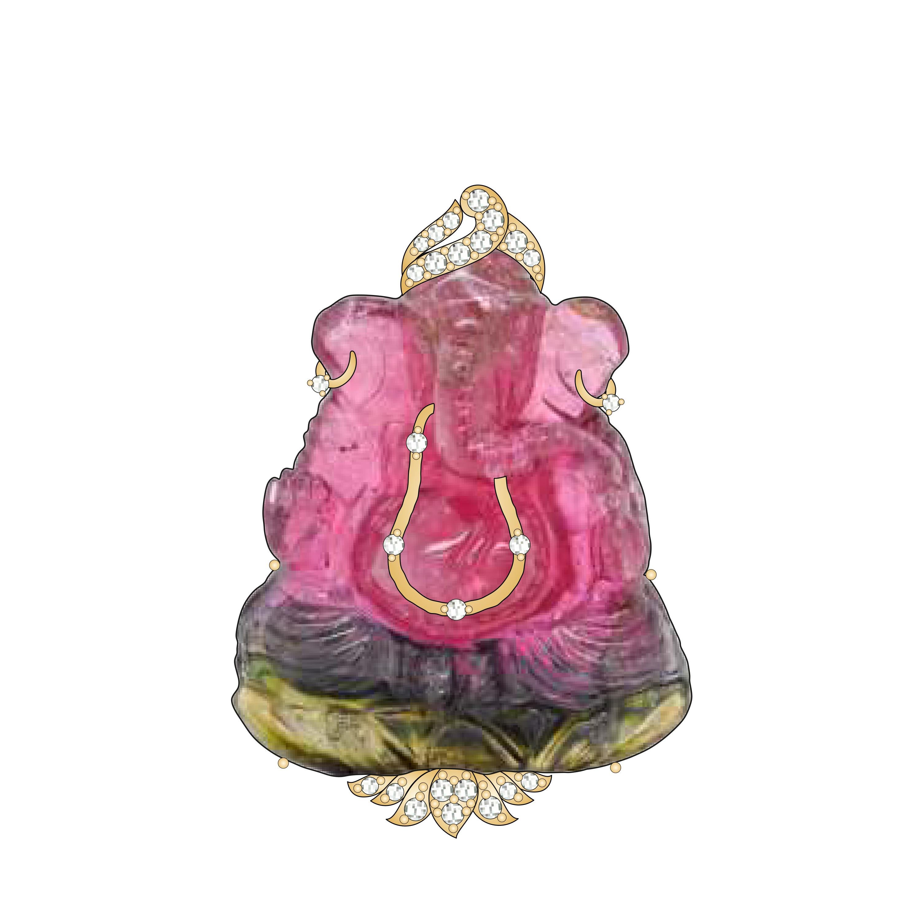 57.51 Carat Watermelon Bi-Tourmaline Hand Carved Ganesha Pendant Necklace For Sale 5