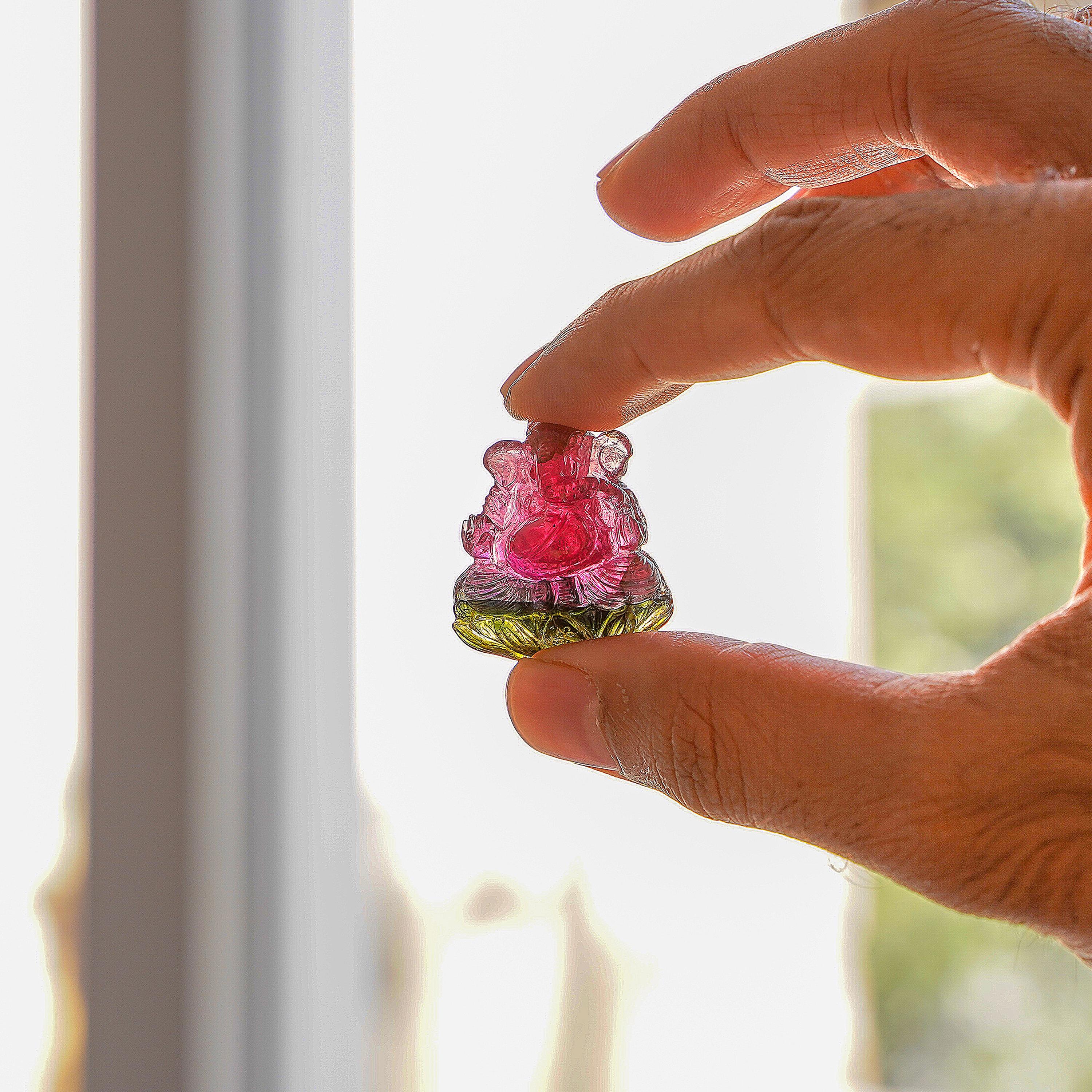 A one-of-a-kind hand-carved bi-color Watermelon Tourmaline Lord Ganesha gemstone pendant would be a truly remarkable and meaningful piece of jewelry. Watermelon Tourmaline, with its vibrant pink and green color combination, is a captivating gemstone
