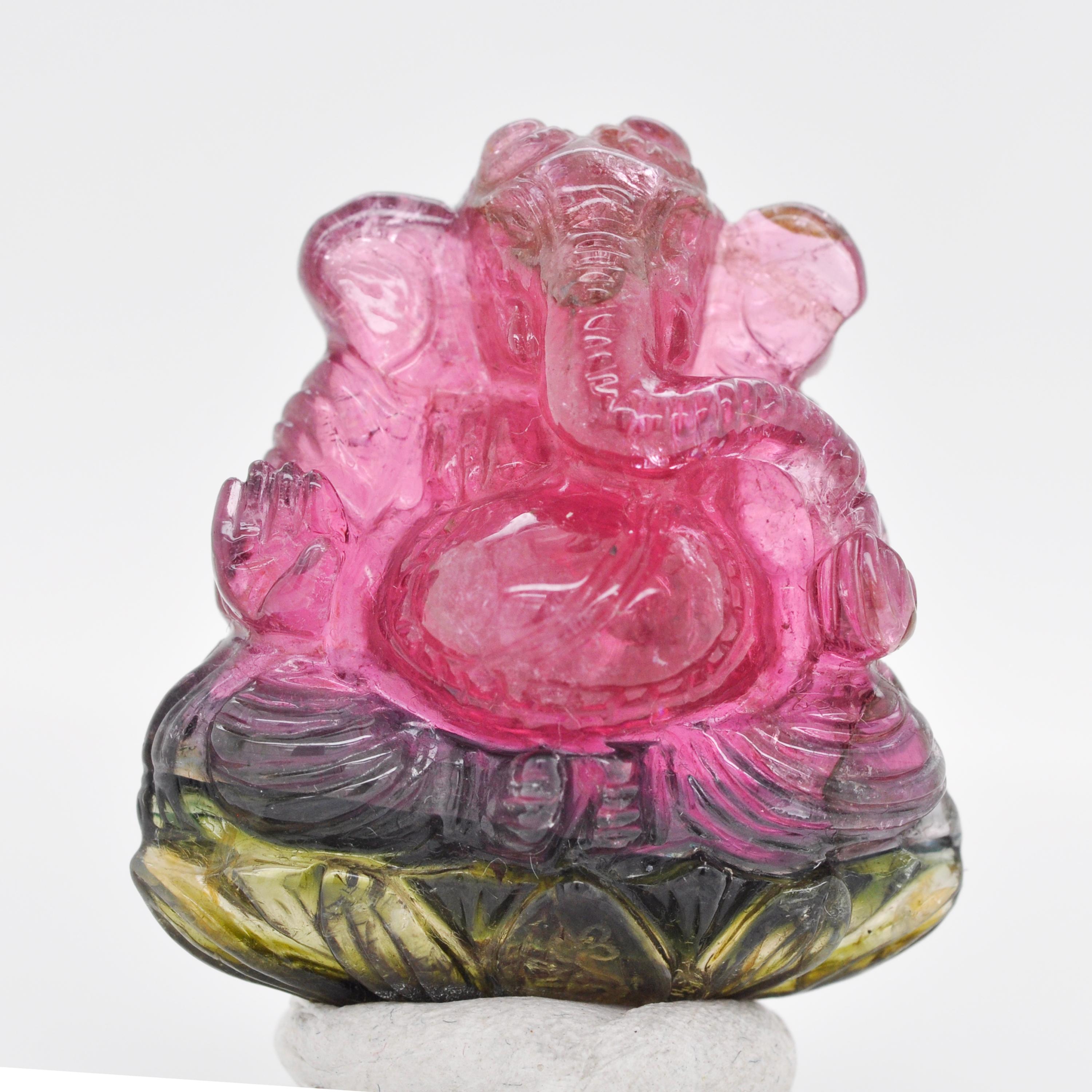 57.51 Carat Watermelon Bi-Tourmaline Hand Carved Ganesha Pendant Necklace In New Condition For Sale In Jaipur, Rajasthan
