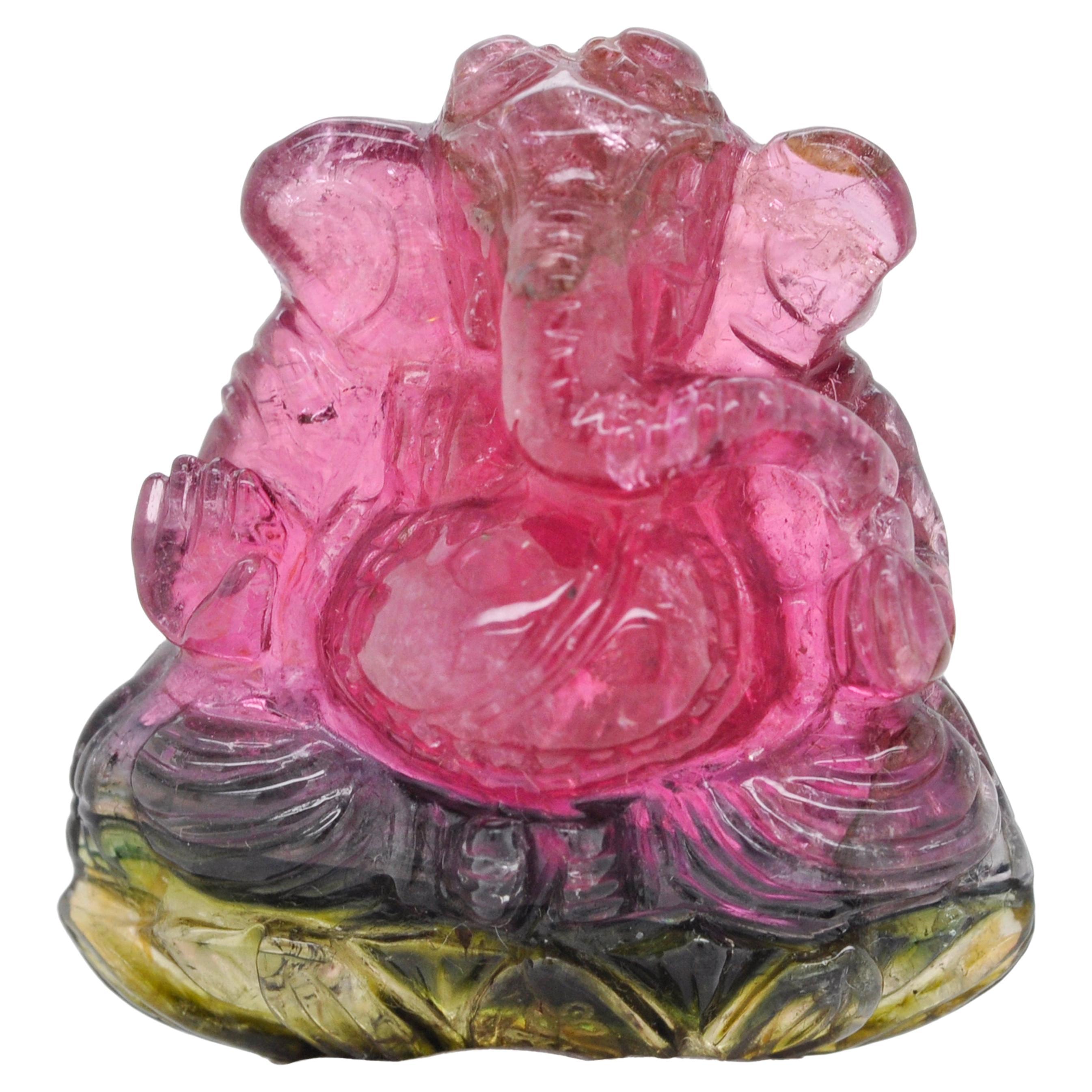 Collier pendentif Ganesha sculpté à la main en bi tourmaline melon d'eau de 57,51 carats