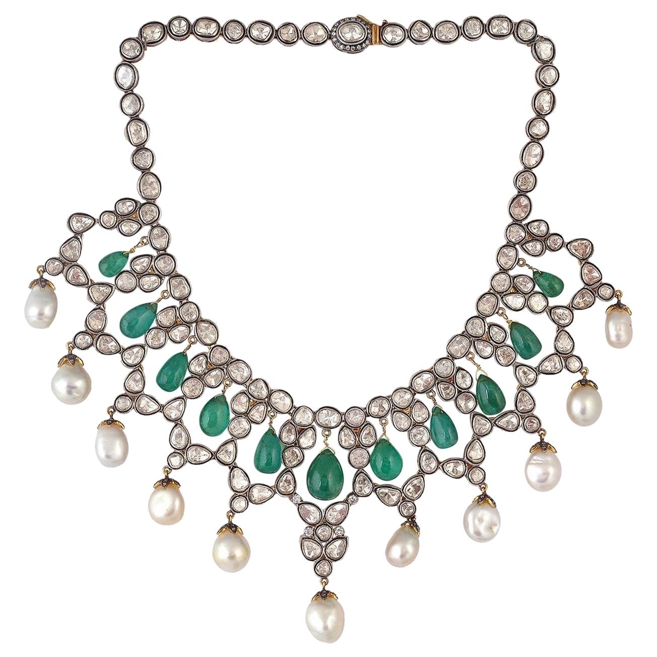 57.52 Carat Emerald Rose Cut Diamond Pearl Maharaja Necklace