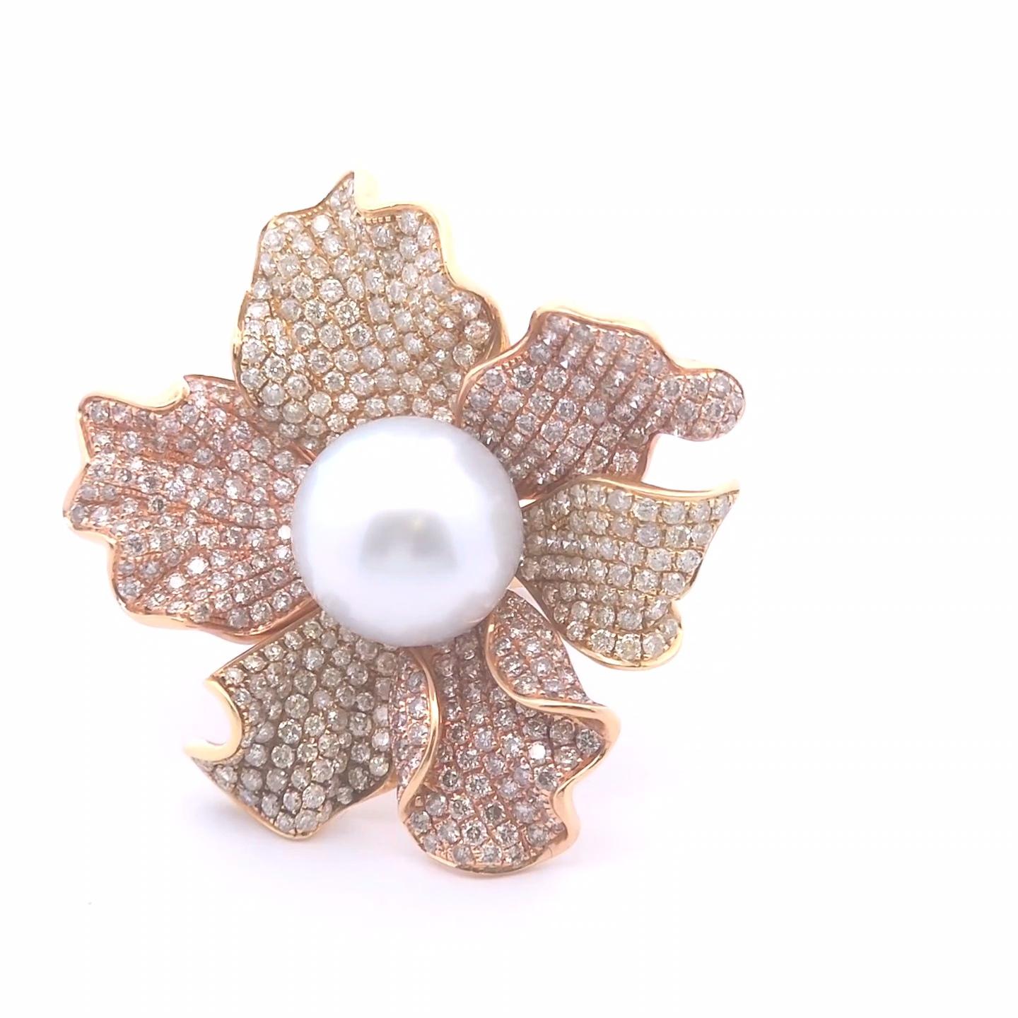 5,75ct Diamant und Perlen Ring in 18k Gelbgold im Zustand „Neu“ im Angebot in Tustin, CA