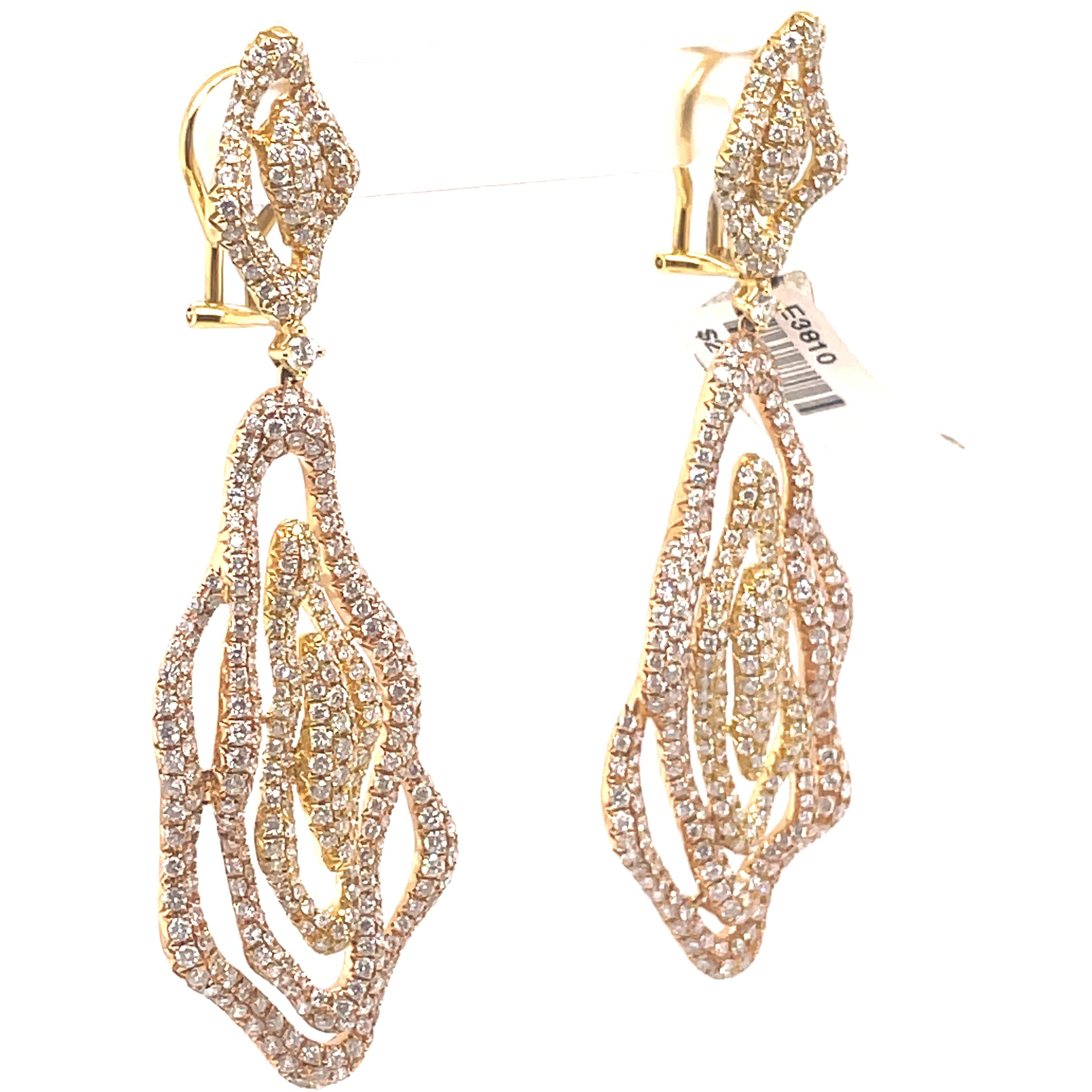 Modern 5.75ct Pave Set Diamonds Dangle Wave Earrings 18k Rose and Yellow Gold For Sale