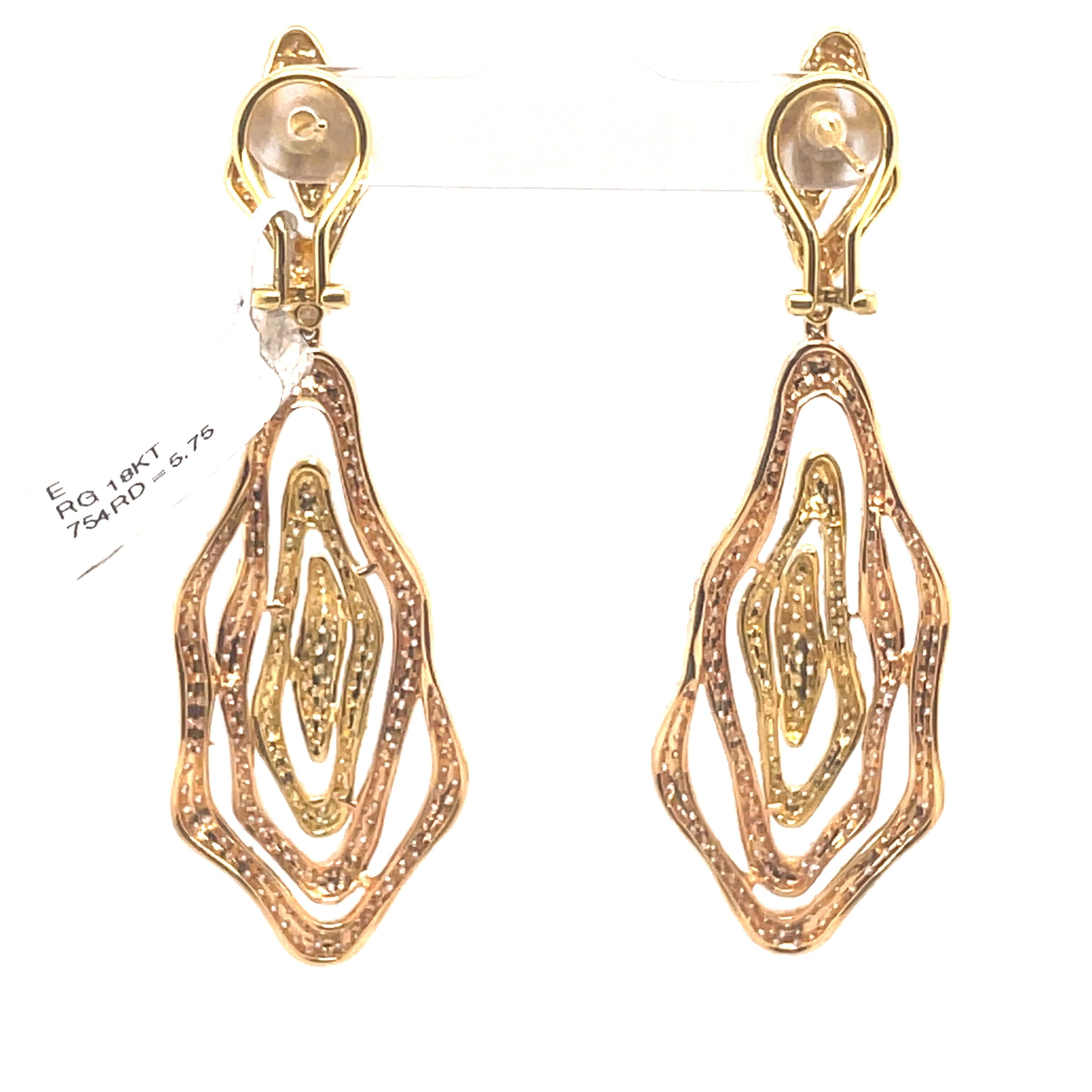 5.75ct Pave Set Diamonds Dangle Wave Earrings 18k Rose and Yellow Gold In New Condition For Sale In BEVERLY HILLS, CA