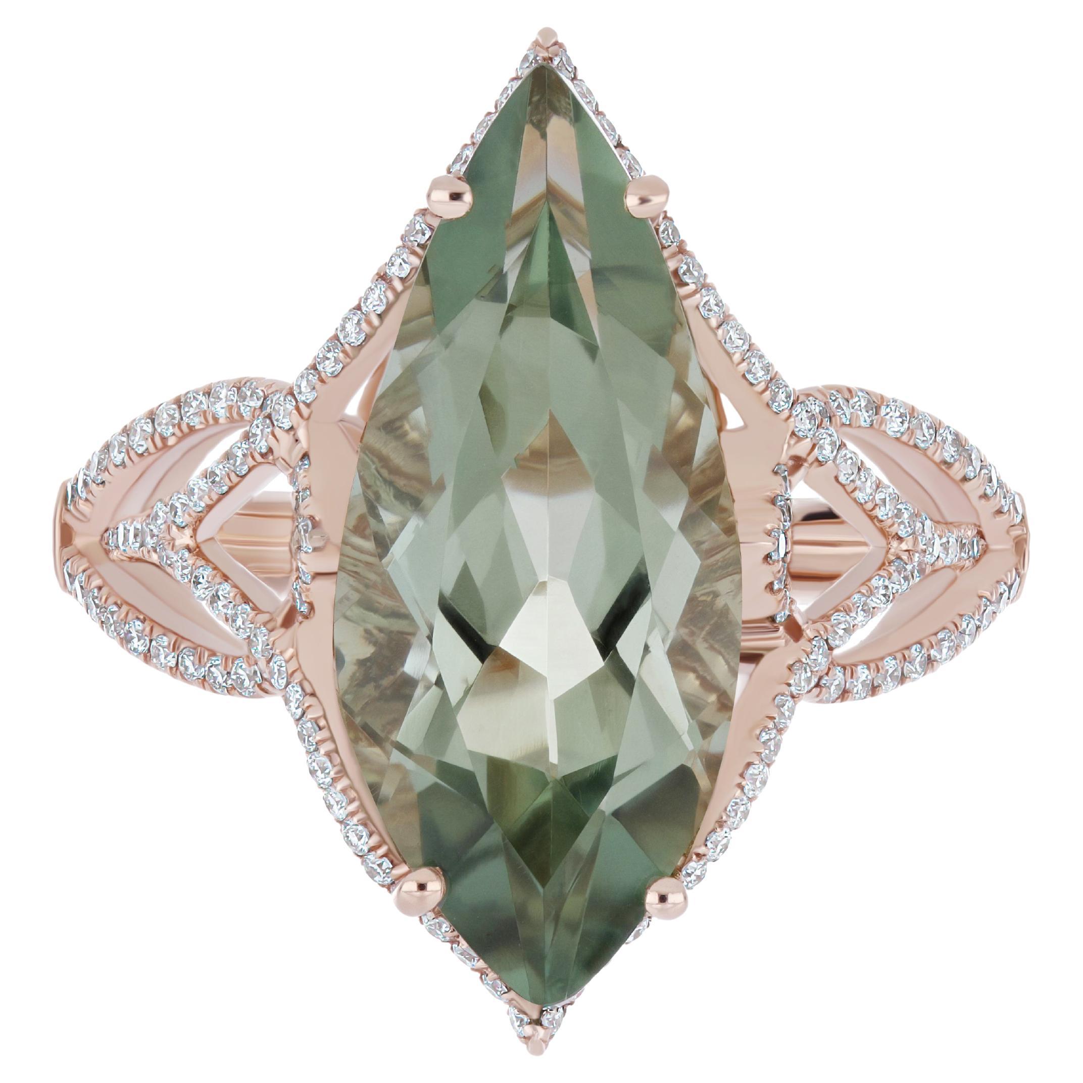 14K Rose Gold Ring Mint Quartz &Diamond Ring, handmade jewelry for Party Wear
