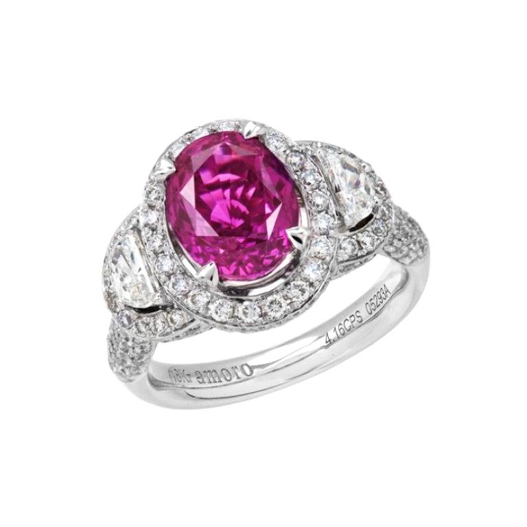 5.76 Carat Cushion Cut Rare Pink Sapphire and Diamond Ring in 18 Karat Gold For Sale