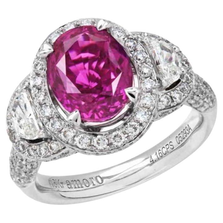 5.76 Carat Cushion Cut Rare Pink Sapphire and Diamond Ring in 18kt Whit Gold