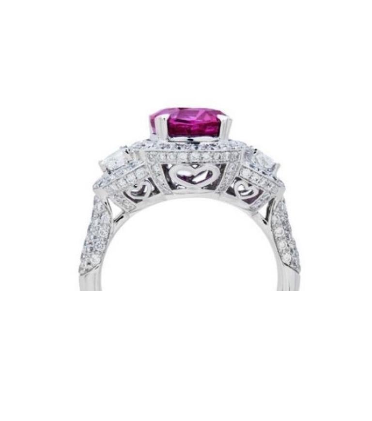 Women's 5.76 Carat Cushion Cut Rare Pink Sapphire and Diamond Ring in 18 Karat Gold For Sale