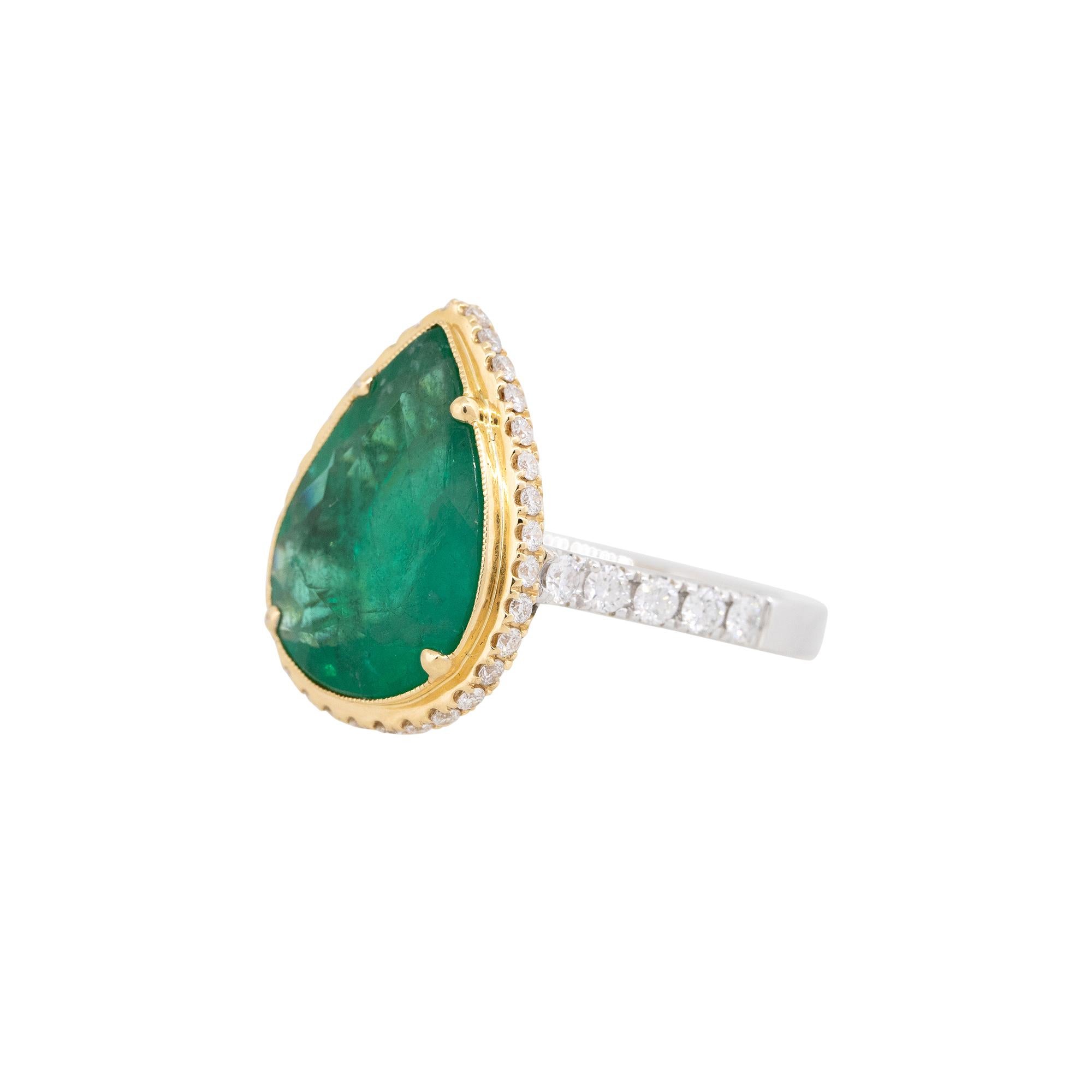 Pear Cut 5.76 Carat Emerald & 0.68 Carat Diamond Halo Ring 18 Karat In Stock For Sale