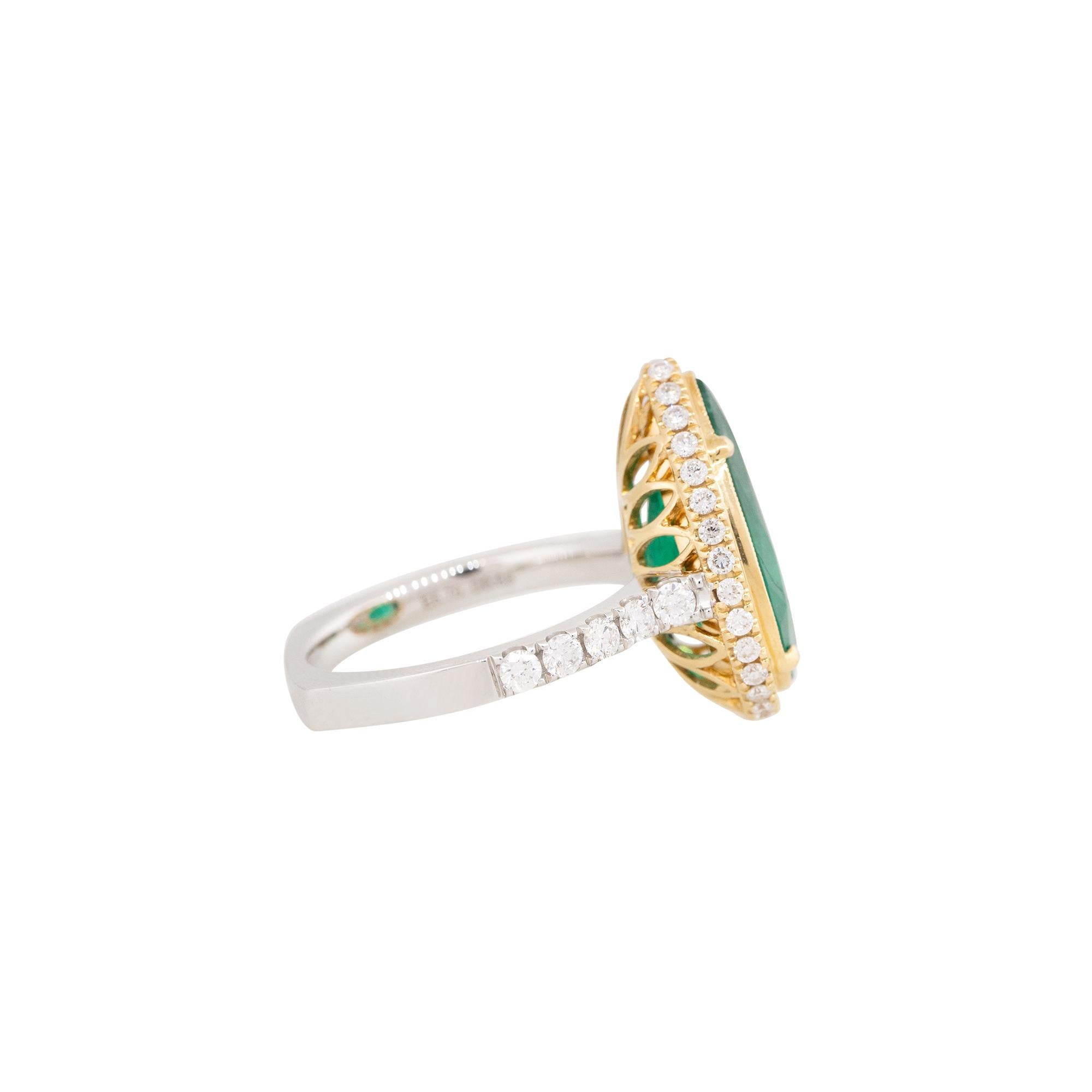 5.76 Carat Emerald & 0.68 Carat Diamond Halo Ring 18 Karat In Stock In Excellent Condition For Sale In Boca Raton, FL