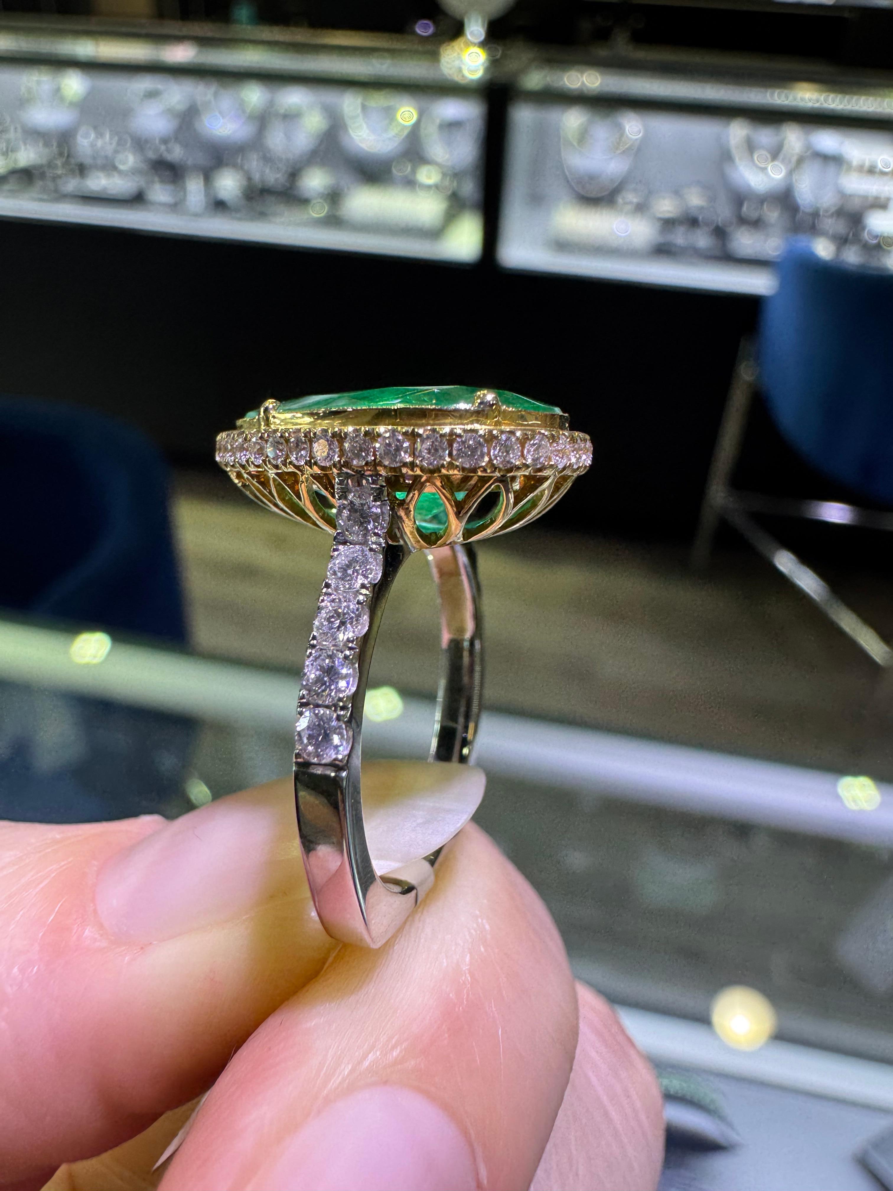 5.76 Carat Emerald & 0.68 Carat Diamond Halo Ring 18 Karat In Stock 1