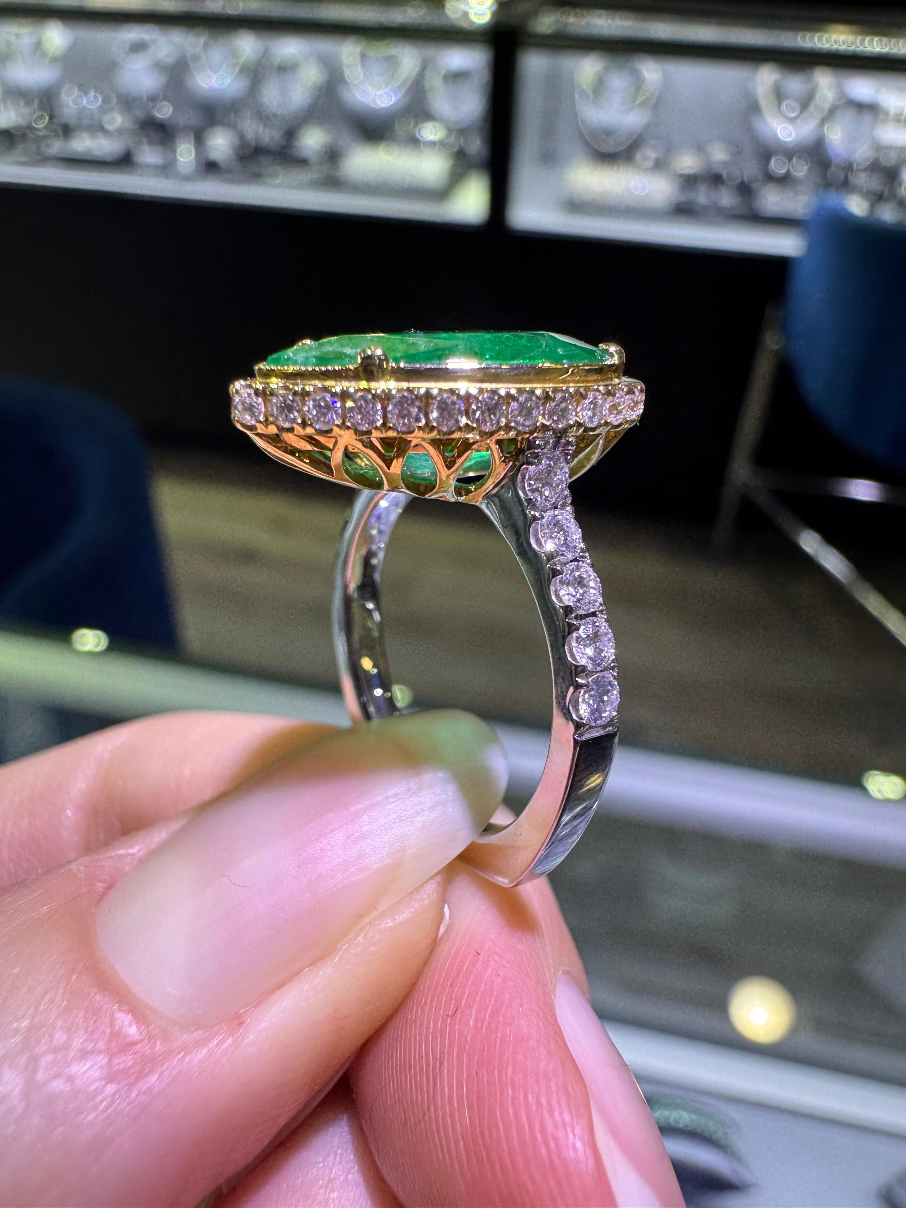 5.76 Carat Emerald & 0.68 Carat Diamond Halo Ring 18 Karat In Stock 3