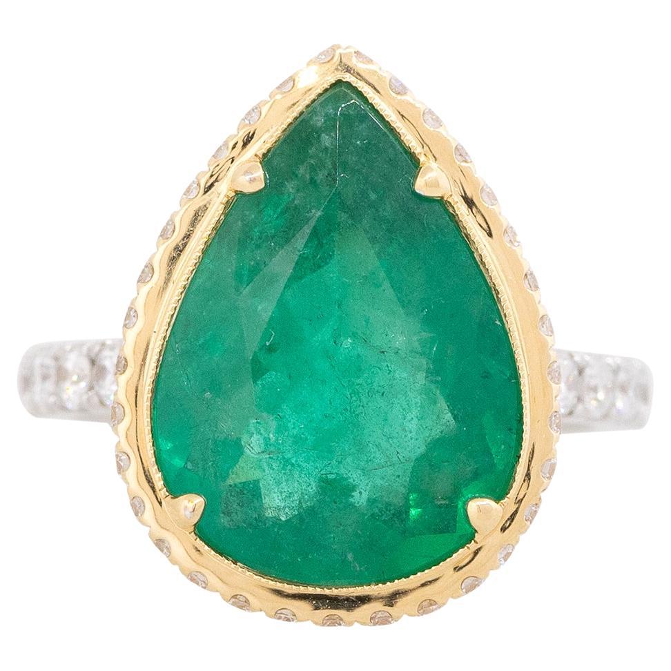 5.76 Carat Emerald & 0.68 Carat Diamond Halo Ring 18 Karat In Stock For Sale