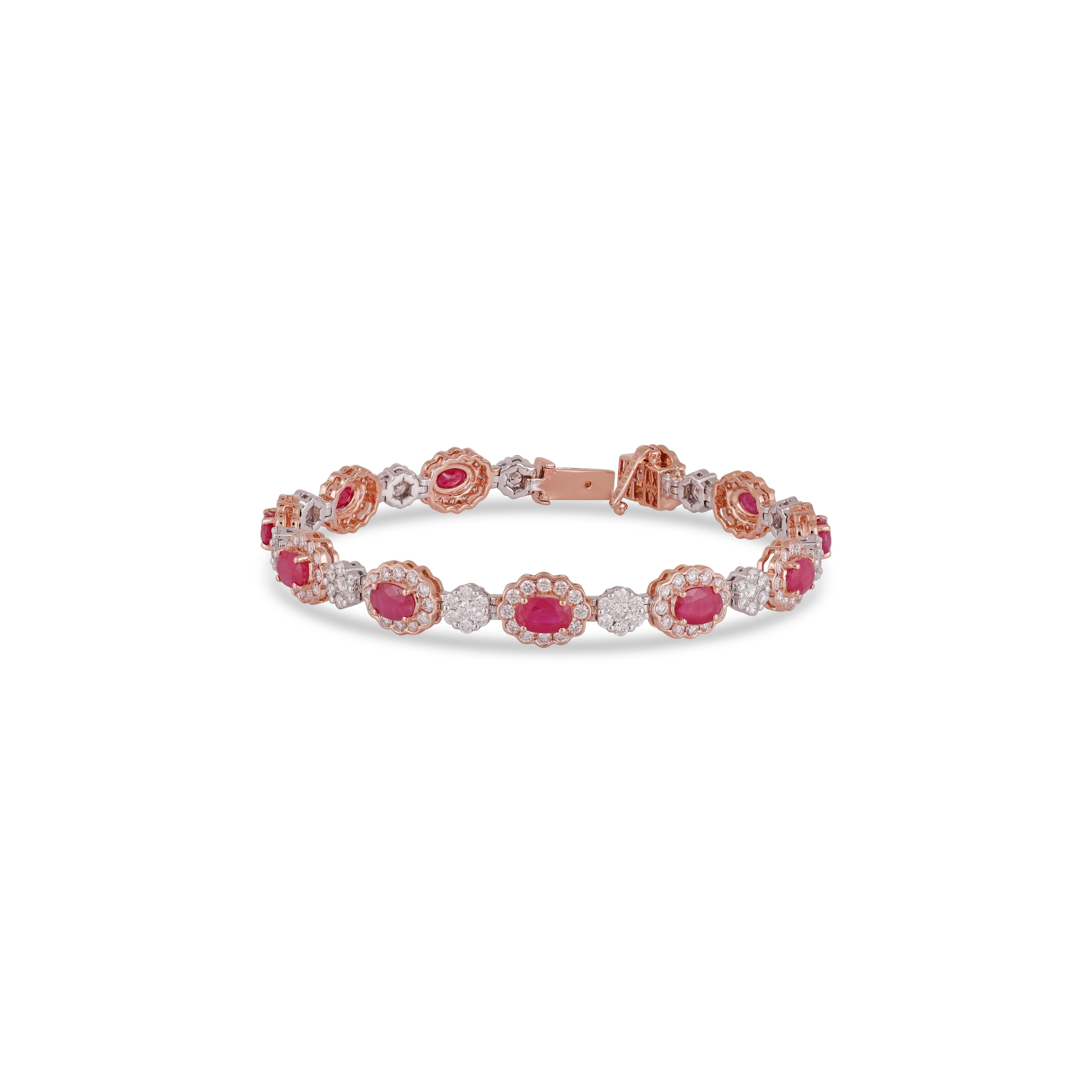5.76 Carat Mozambique Ruby and Diamond Tennies Bracelet in 18k Gold

This magnificent Oval shape Mozambique Ruby  tennis bracelet is incredulous. The solitaire Oval-shaped Oval-cut Ruby
 are beautifully With  Diamonds making the bracelet more