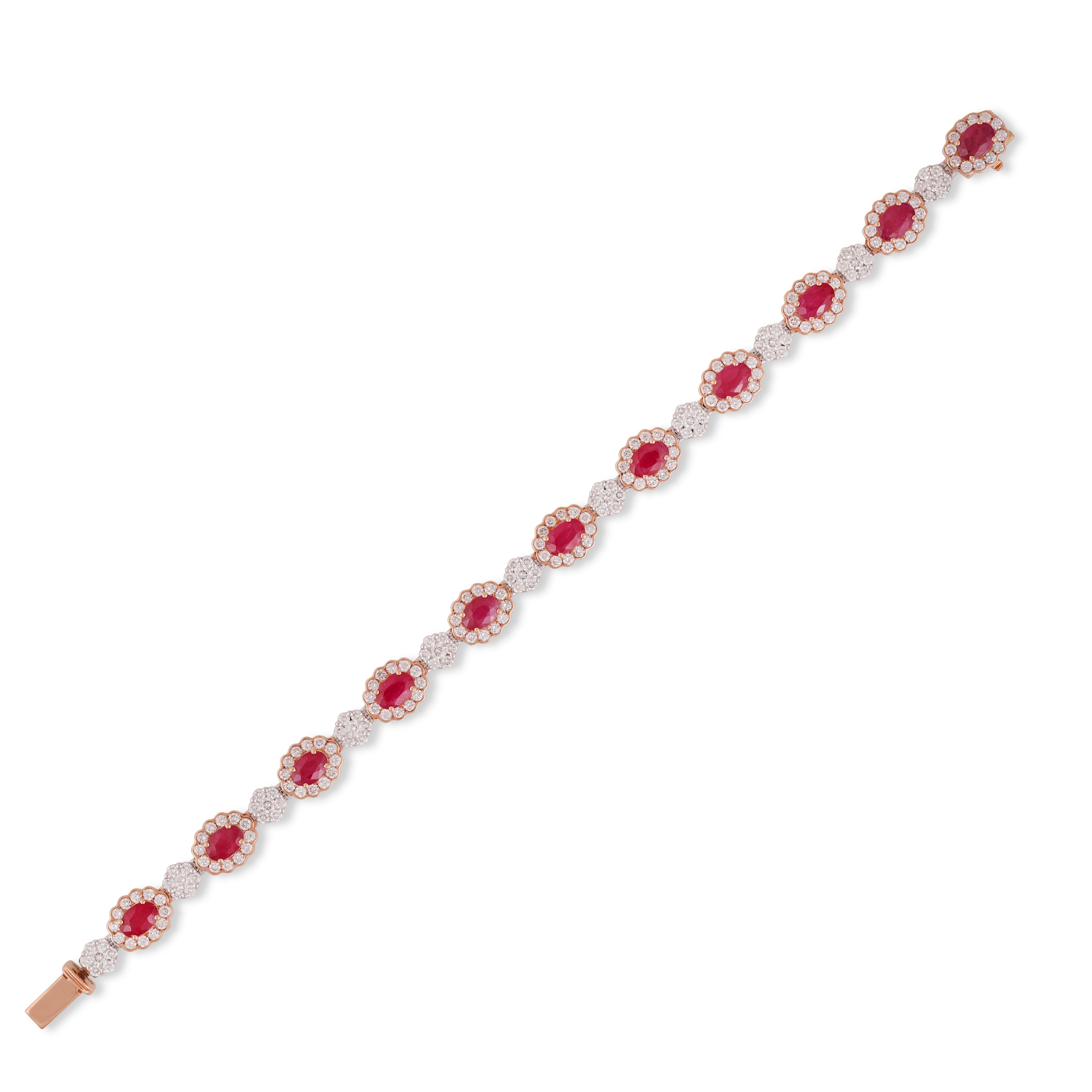 Contemporary 5.76 Carat Mozambique Ruby and Diamond Tennies Bracelet in 18k Gold For Sale