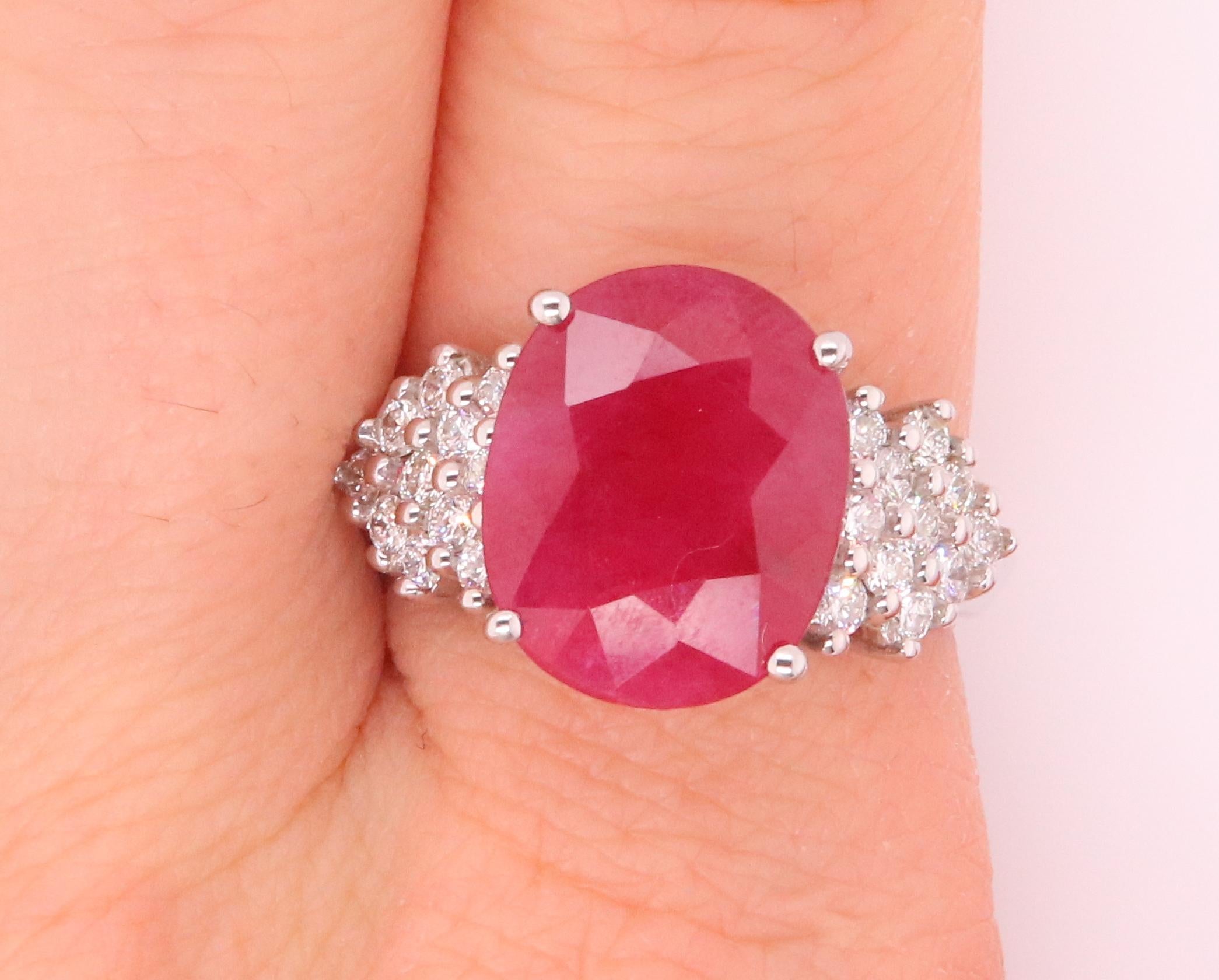 Contemporary 5.76 Ct Oval Natural Ruby and Round Diamond Cocktail Ring 14K White Gold