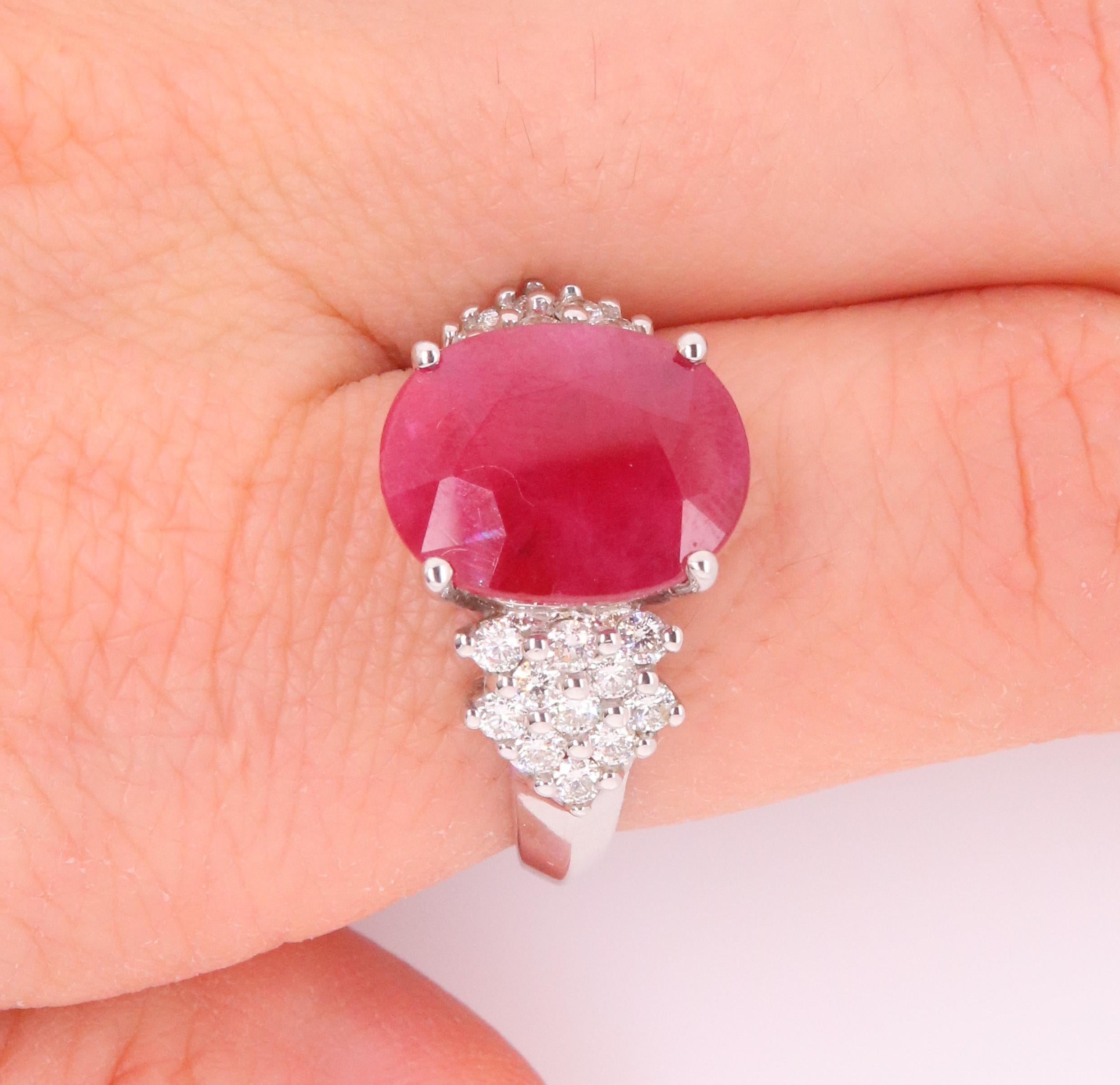 Oval Cut 5.76 Ct Oval Natural Ruby and Round Diamond Cocktail Ring 14K White Gold