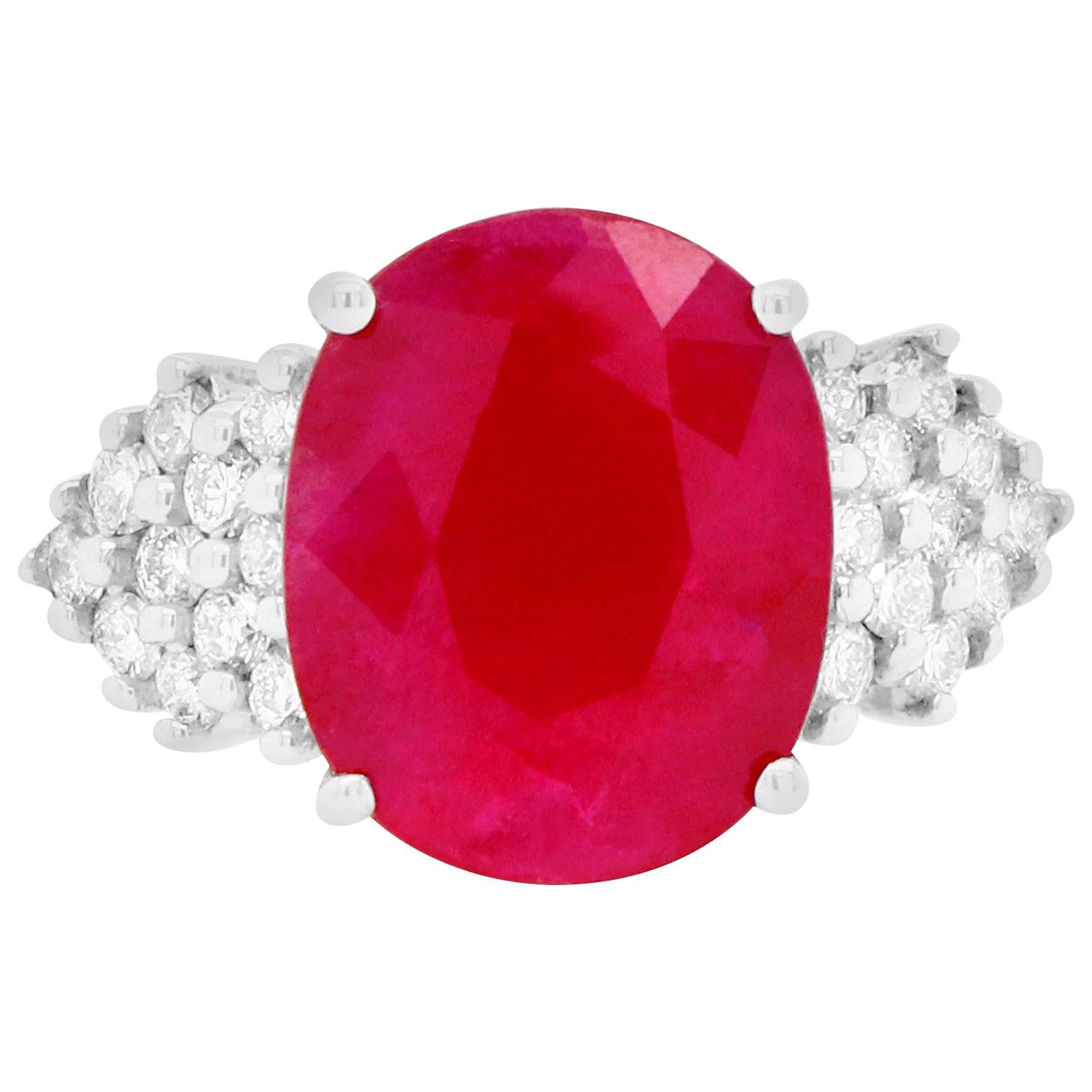 5.76 Ct Oval Natural Ruby and Round Diamond Cocktail Ring 14K White Gold