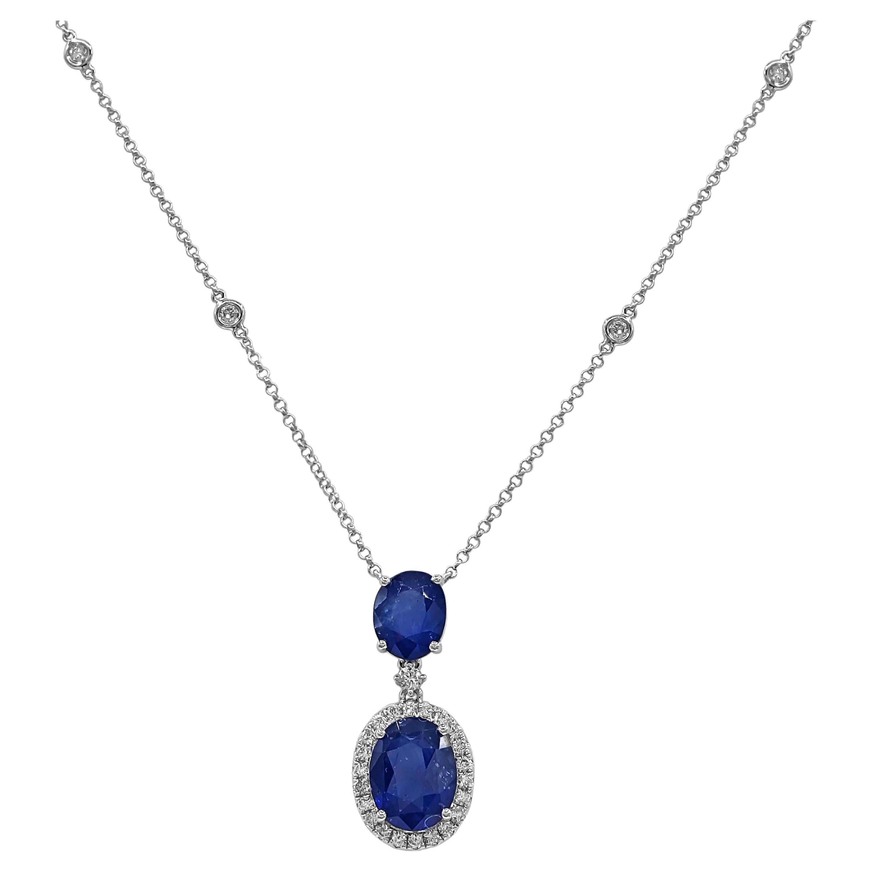 5.76 Carats Sapphire and White Diamond White Gold Necklace For Sale