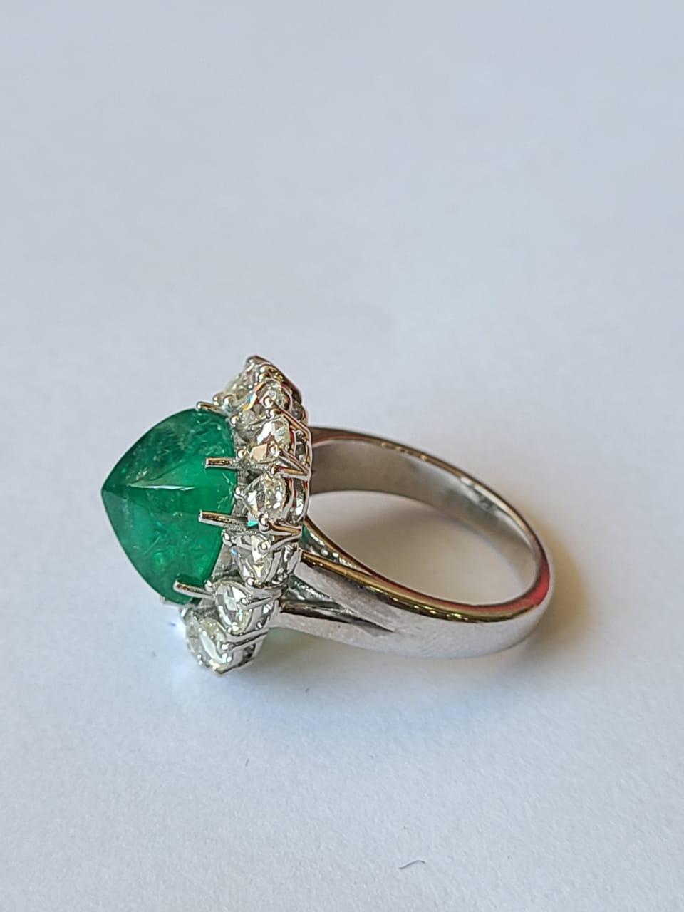Art Deco 5.76 Carats Zambian Emerald Sugarloaf Cabochon & Rose Cut Diamonds Cocktail Ring