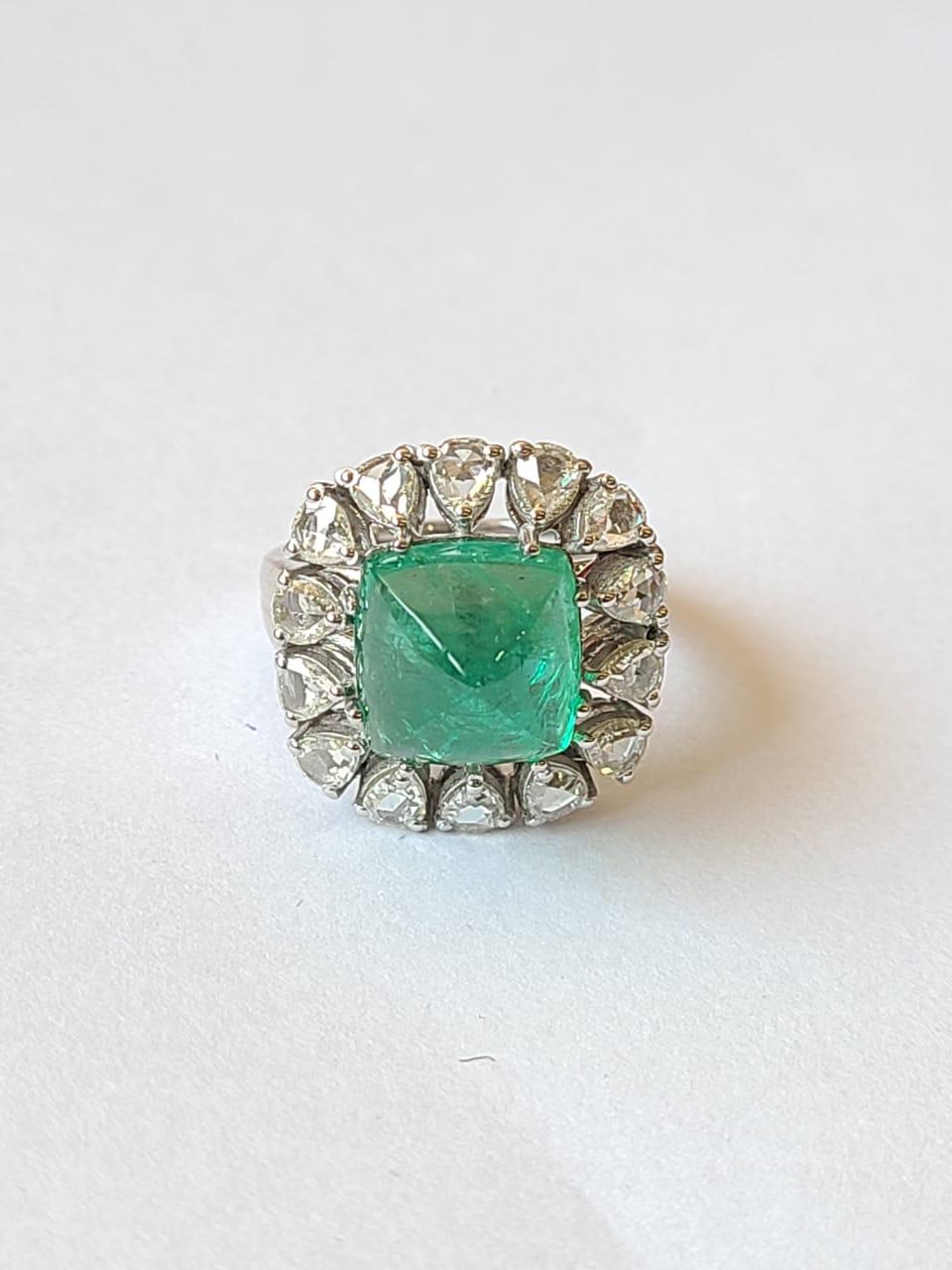 5.76 Carats Zambian Emerald Sugarloaf Cabochon & Rose Cut Diamonds Cocktail Ring 2