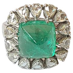 5.76 Carats Zambian Emerald Sugarloaf Cabochon & Rose Cut Diamonds Cocktail Ring
