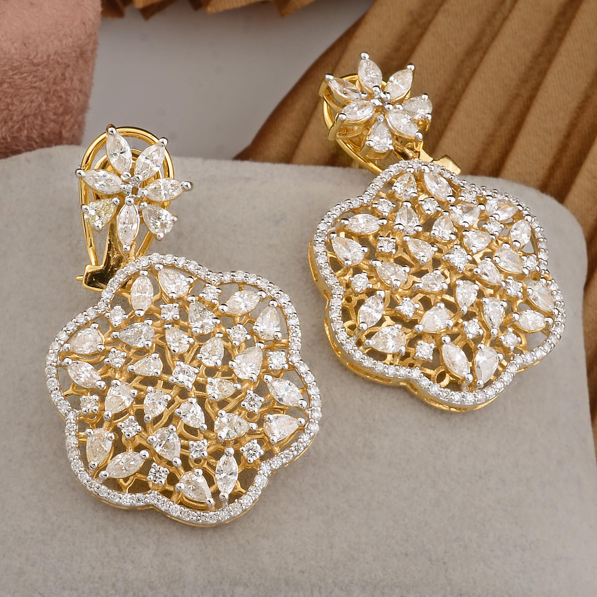 Moderno 5,76 ct SI/HI Orecchini pendenti con diamanti tondi e marquise a forma di pera in oro giallo 14 carati in vendita