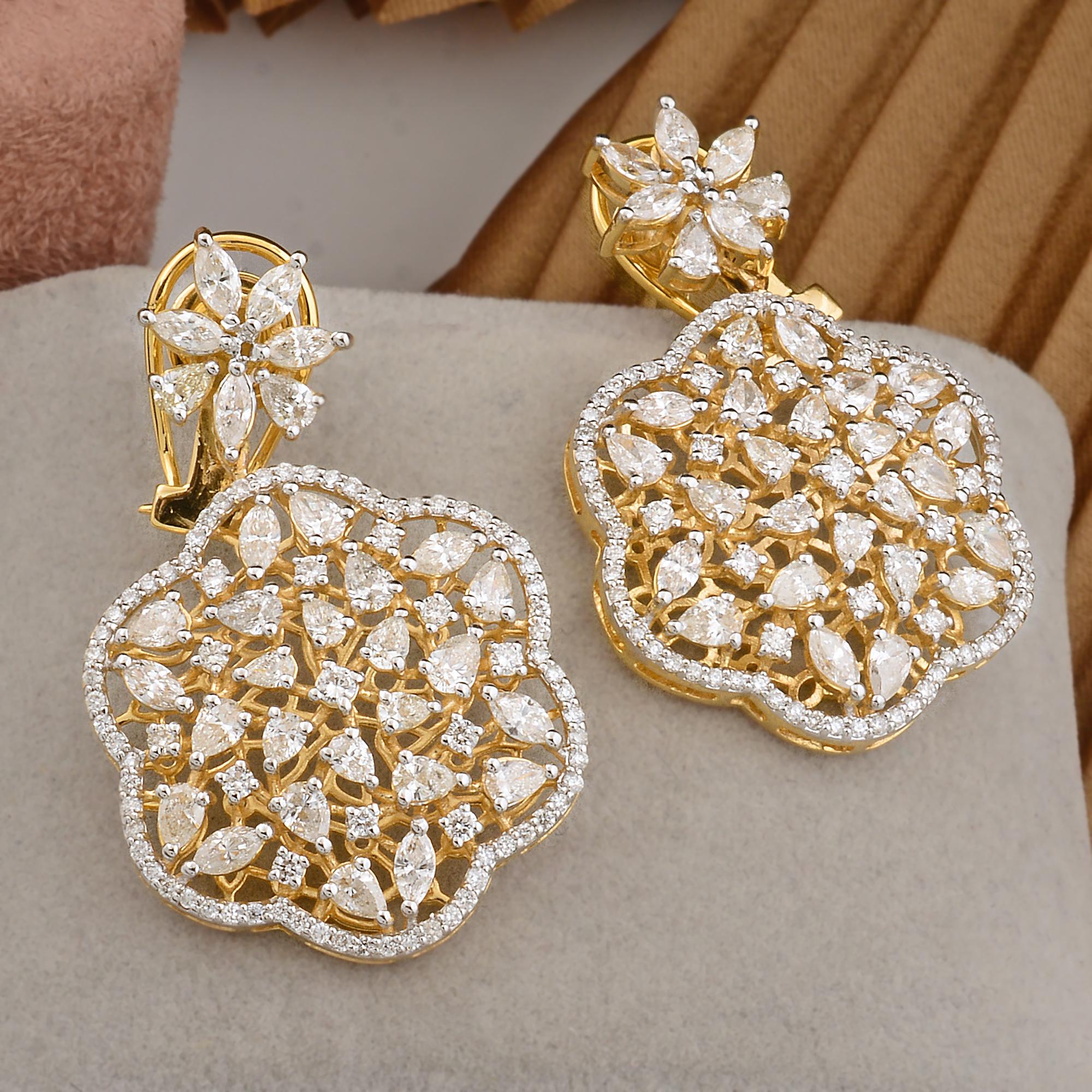 Modern 5.76 Ct SI/HI Pear Marquise Round Diamond Dangle Earrings 18 Karat Yellow Gold For Sale