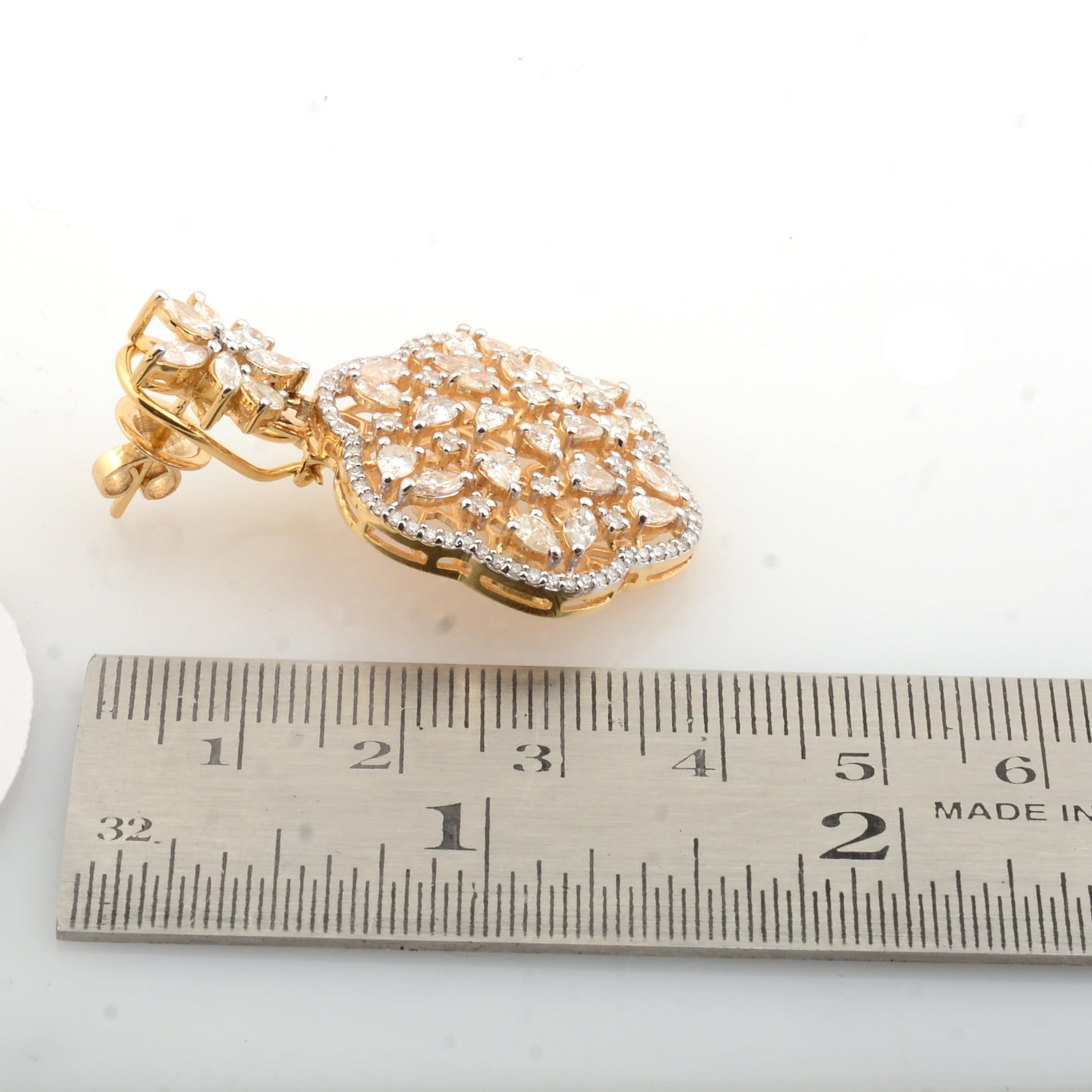 Pear Cut 5.76 Ct SI/HI Pear Marquise Round Diamond Dangle Earrings 18 Karat Yellow Gold For Sale