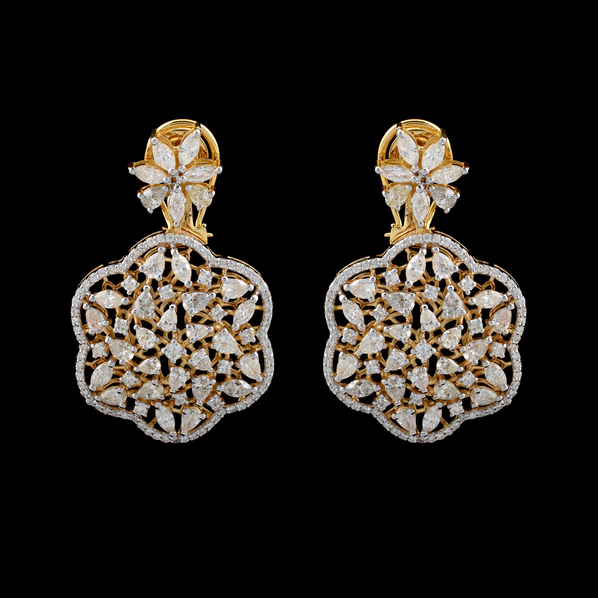 Women's 5.76 Ct SI/HI Pear Marquise Round Diamond Dangle Earrings 18 Karat Yellow Gold For Sale