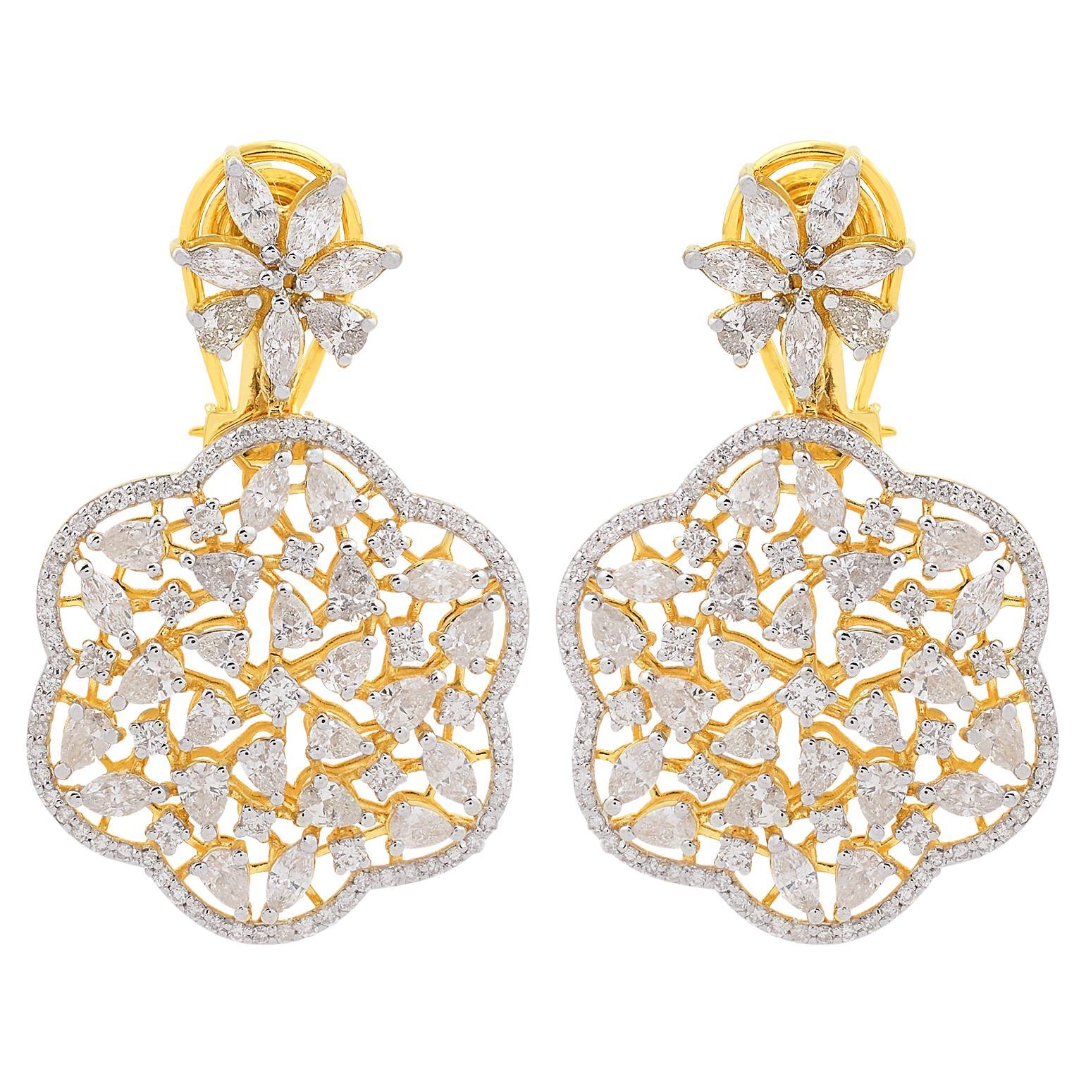 5.76 Ct SI/HI Pear Marquise Round Diamond Dangle Earrings 18 Karat Yellow Gold For Sale