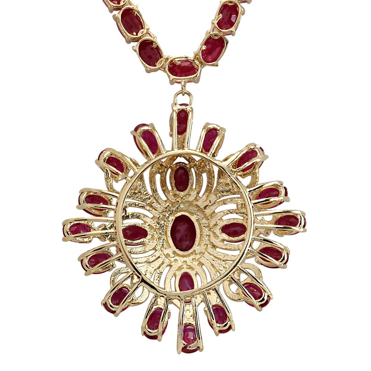 Stamped: 14K Yellow Gold
Total Necklace Weight: 35.0 Grams
Necklace Length: 17 Inches
Total Natural Center Ruby Weight is 1.82 Carat (Measures: 8.00x6.00 mm)
Color: Red
Total Natural Side Ruby Weight is 54.80 Carat
Color: Red
Total Natural Diamond